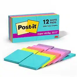 Post-it - Super Sticky Notes, 3" x 3", Supernova Neons Collection, 90 Sheet/Pad, 12 Pads/Pack - Multicolor