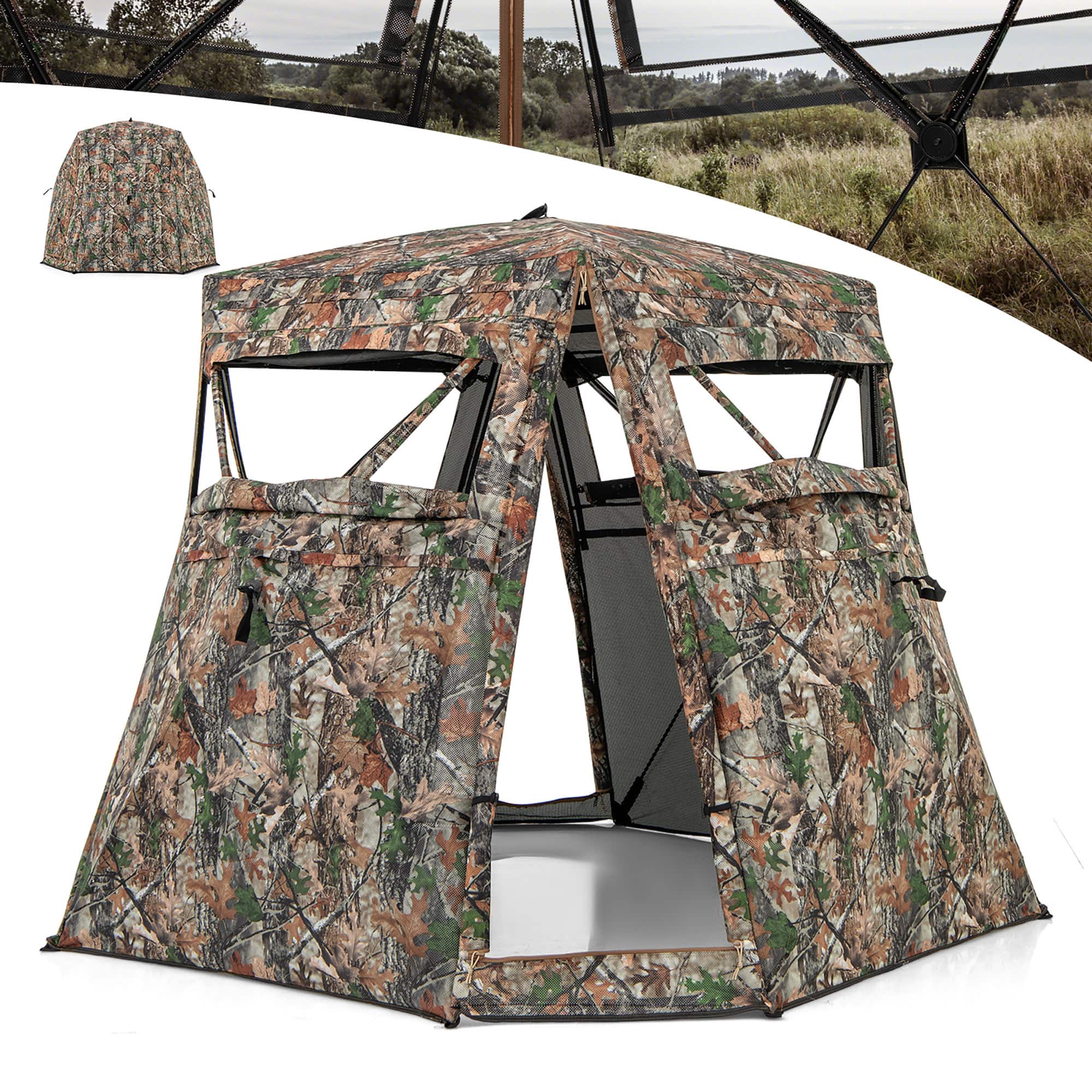 Gymax - 3 in 1 Multifunctional Hunting Blind w/ Skylight Roof Cover Carrying Bag stakes - Camouflage