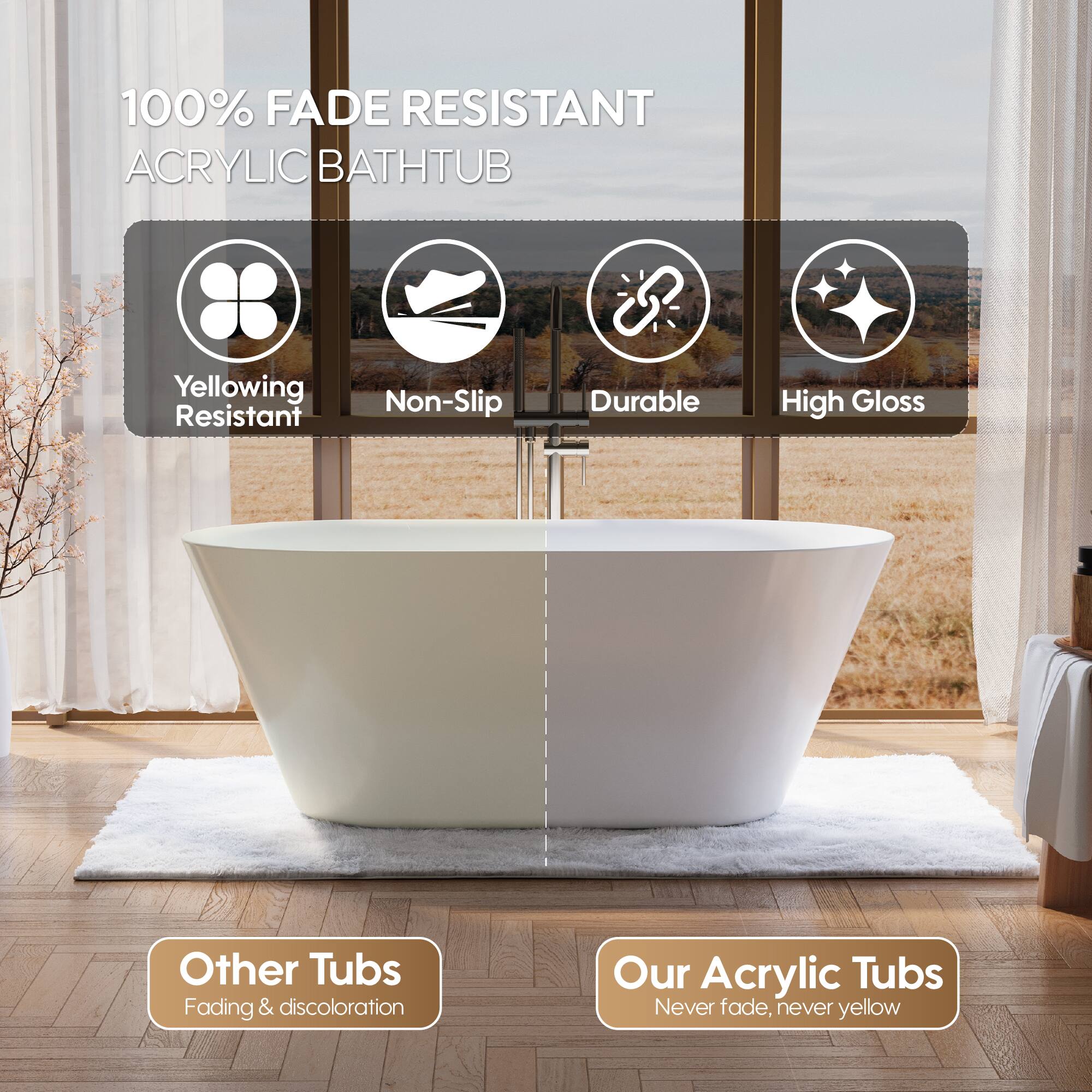 100% FADE RESISTANT ACRYLIC BATHTUB

Yellowing Resistant
Non-Slip
Durable
High Gloss

Other Tubs
Fading & discoloration

Our Acrylic Tubs
Never fade, never yellow