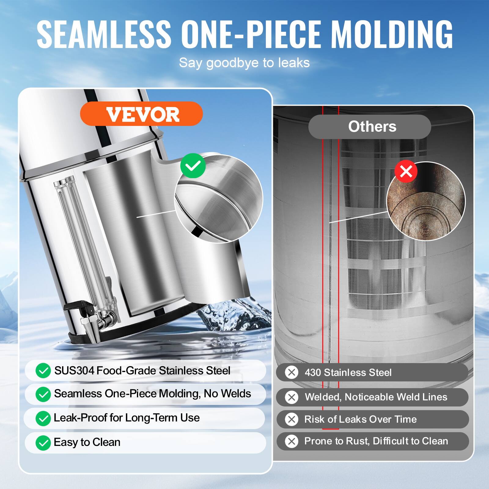 SEAMLESS ONE-PIECE MOLDING  
Say goodbye to leaks  

VEVOR  
- SUS304 Food-Grade Stainless Steel  
- Seamless One-Piece Molding, No Welds  
- Leak-Proof for Long-Term Use  
- Easy to Clean  

Others  
- 430 Stainless Steel  
- Welded, Noticeable Weld Lines  
- Risk of Leaks Over Time  
- Prone to Rust, Difficult to Clean