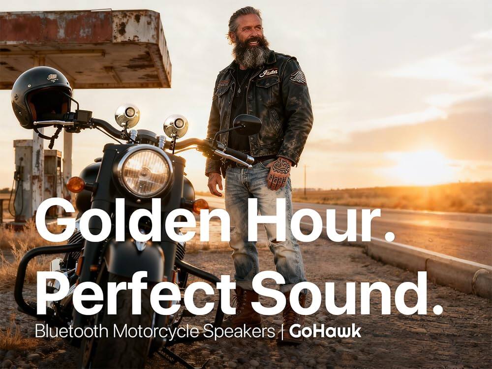 Golden Hour. Perfect Sound.  
Bluetooth Motorcycle Speakers | GoHawk