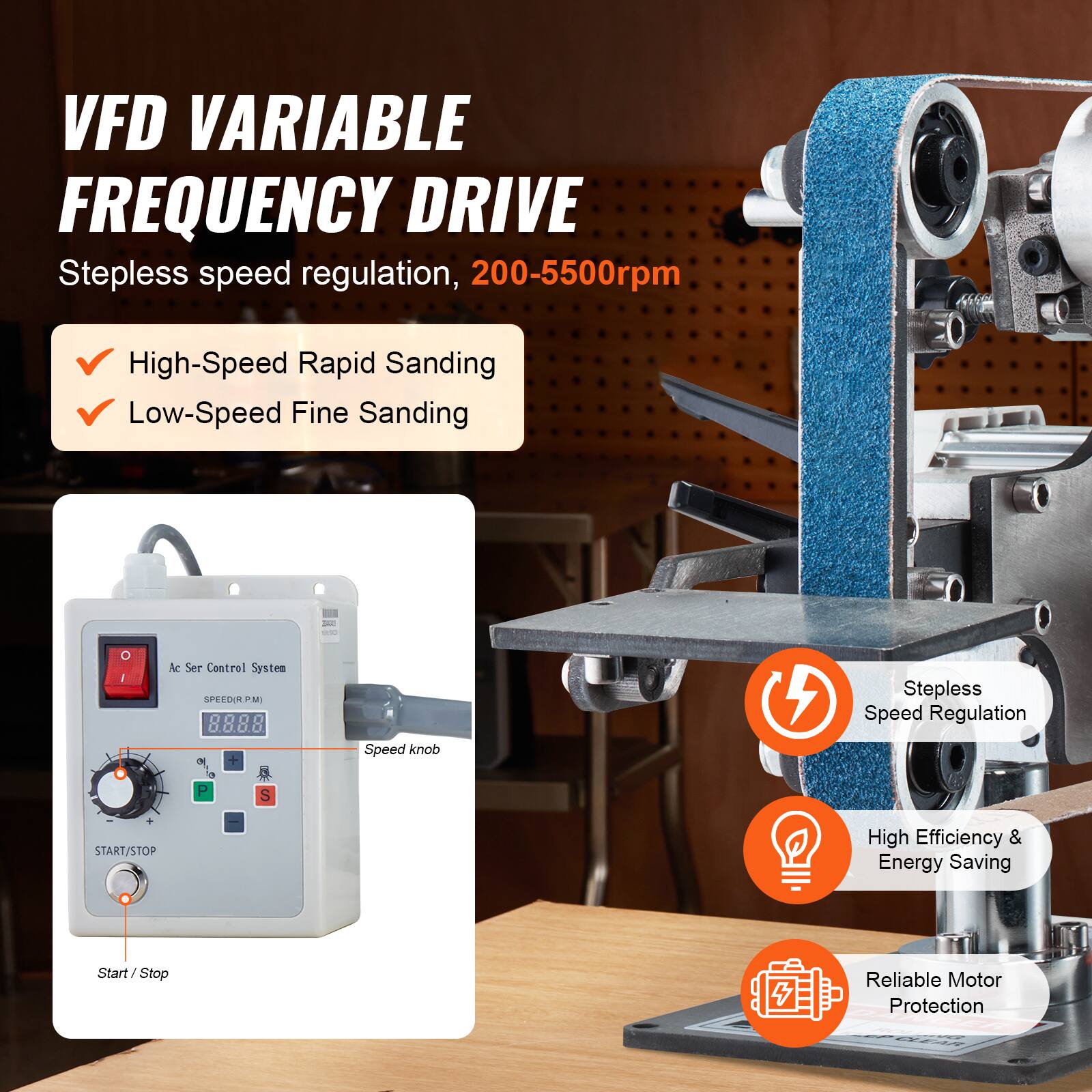 VFD VARIABLE FREQUENCY DRIVE  
Stepless speed regulation, 200-5500rpm

- High-Speed Rapid Sanding
- Low-Speed Fine Sanding

Ac Ser Control System  
SPEED(R.P.M)  
Stepless Speed Regulation  
Speed knob  
START/STOP  
High Efficiency & Energy Saving  
Reliable Motor Protection