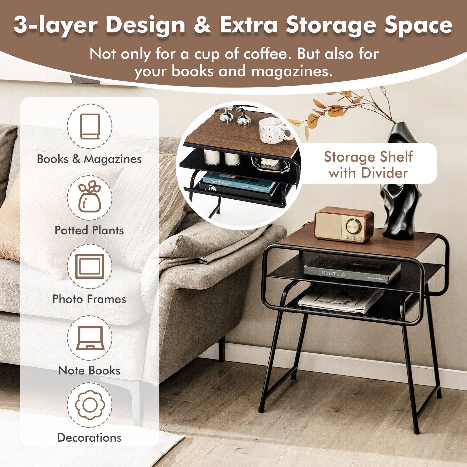 Books & Magazines, Potted Plants, Photo Frames, Note Books, Decorations, 3-layer Design & Extra Storage Space, Not only for a cup of coffee. But also for your books and magazines. Storage Shelf with Divider