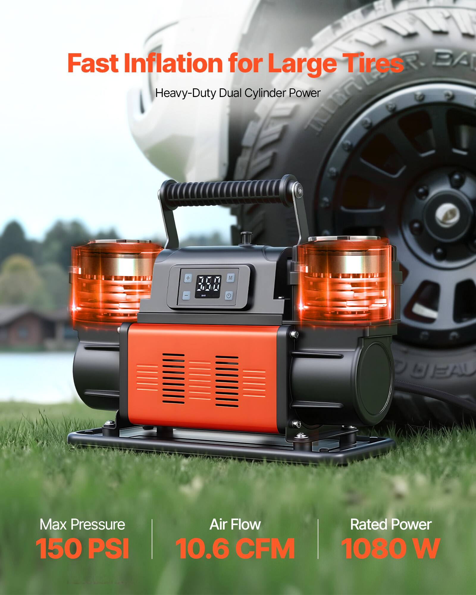 Fast Inflation for Large Tires  
Heavy-Duty Dual Cylinder Power  
Max Pressure 150 PSI  
Air Flow 10.6 CFM  
Rated Power 1080 W