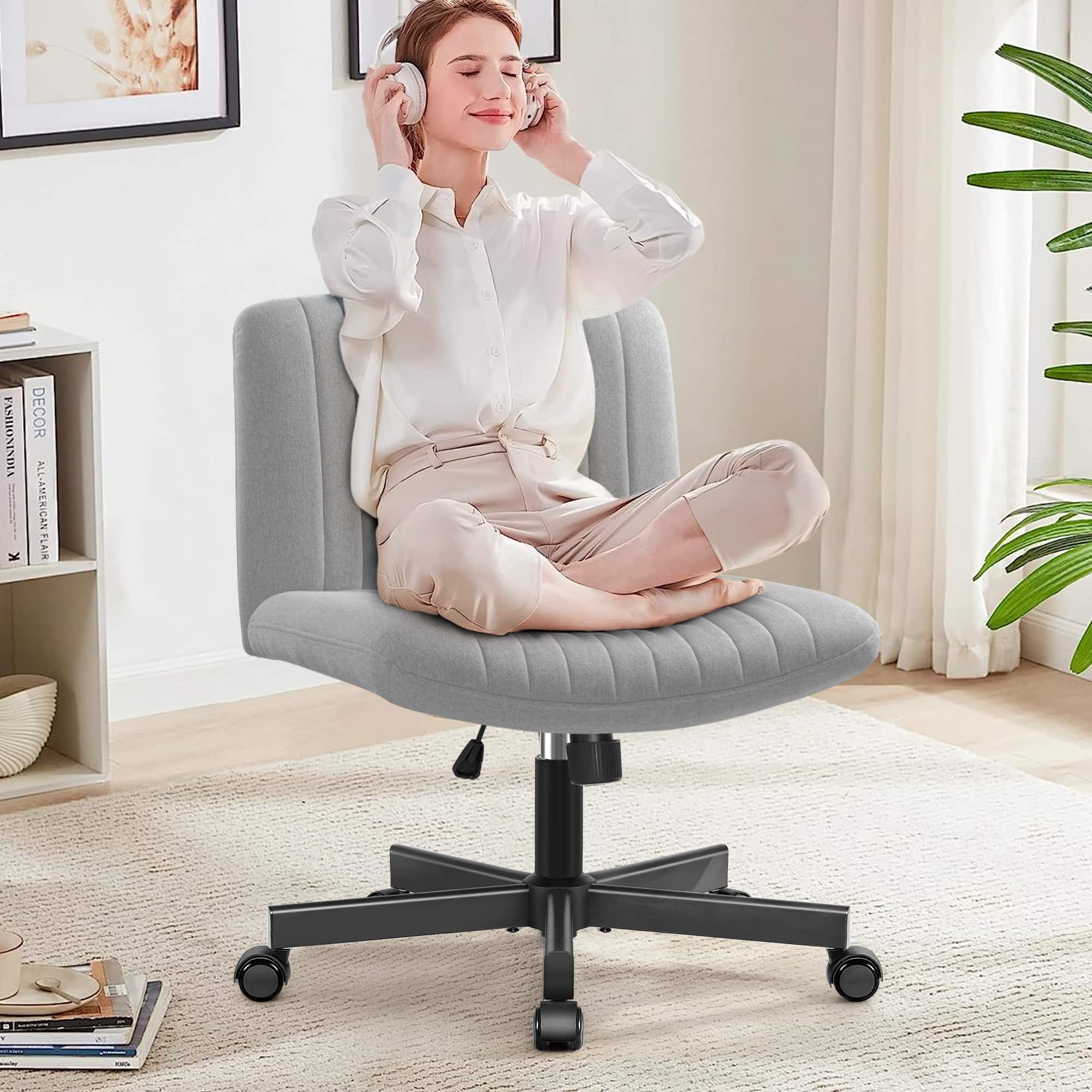 KERDOM - Armless Office Chair with Wheels, Ergonomic Wide Seat Fabric Cross Legged Desk Chair, Home Office Swivel Computer Chair - Light Gray