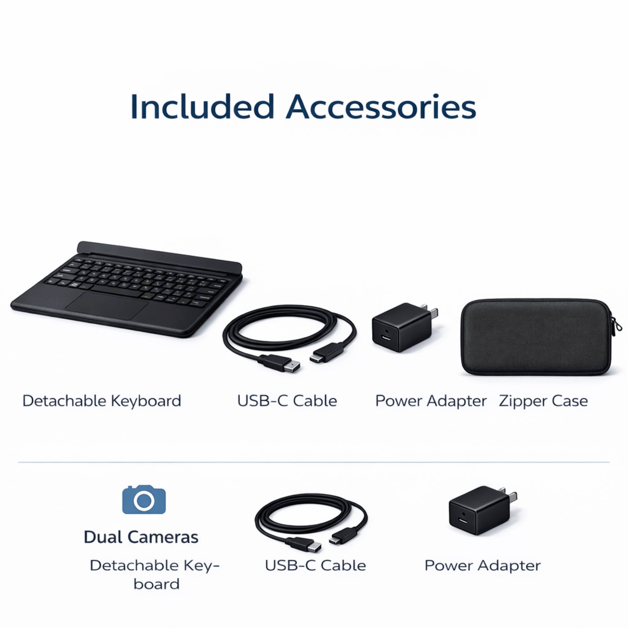 Included Accessories

- Detachable Keyboard
- USB-C Cable
- Power Adapter
- Zipper Case
- Dual Cameras