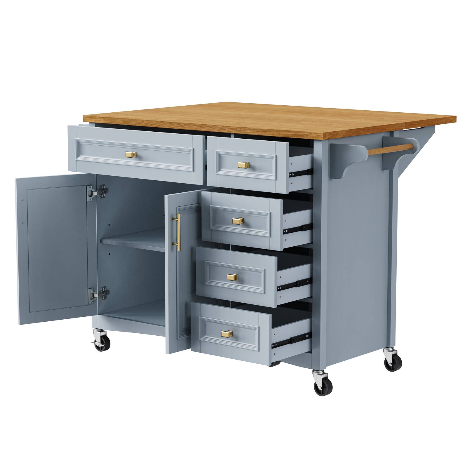 Back. Spaco - Spaco 52" Kitchen Island Cart with 2 Door 5 Drawer, Drop Leaf, Spice Rack, Towel Rack Rolling Adjustable Shelf Storage - Blue+Grey.