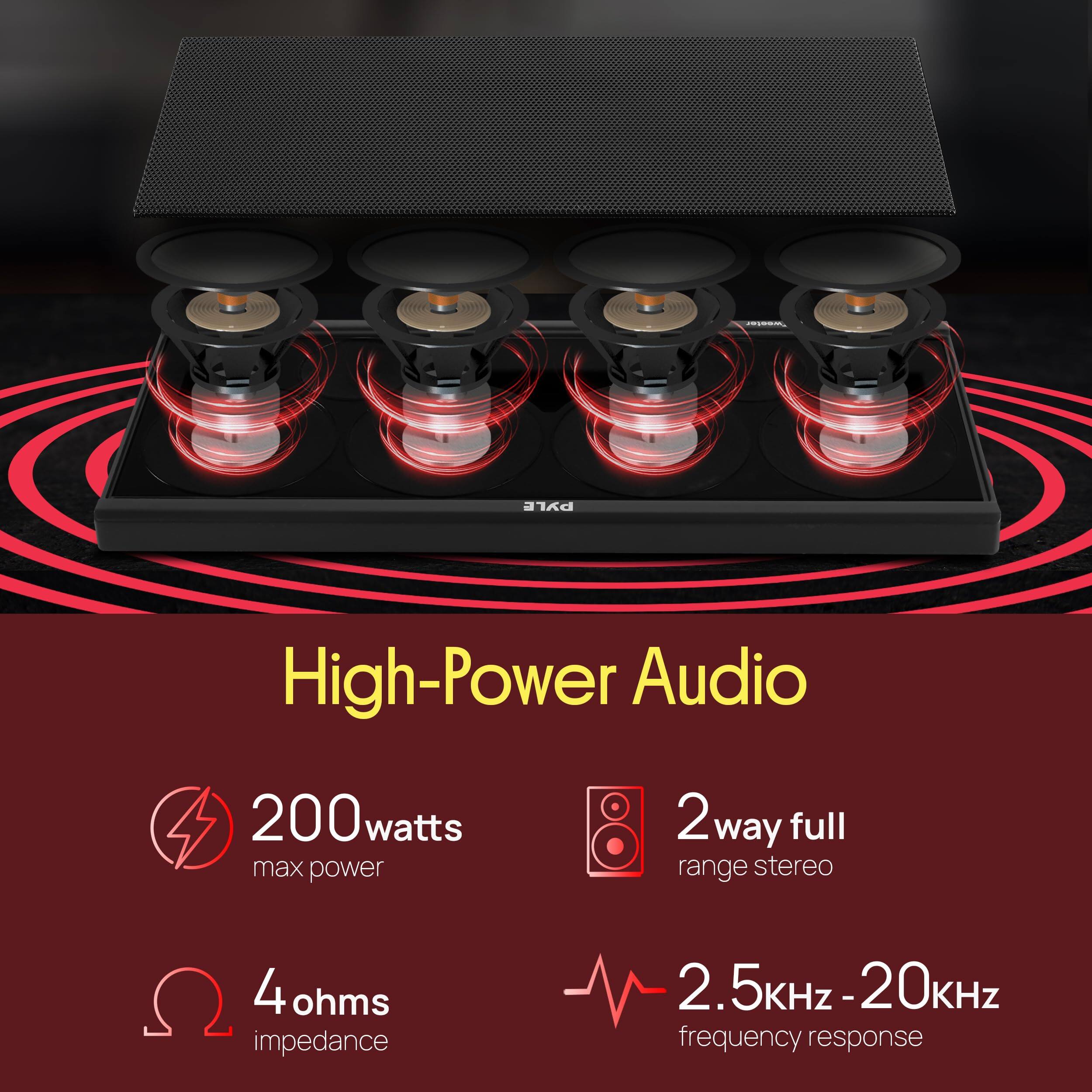 i PYLE High-Power Audio  
200 watts max power  
2 way full range stereo  
4 ohms impedance  
2.5kHz-20kHz frequency response