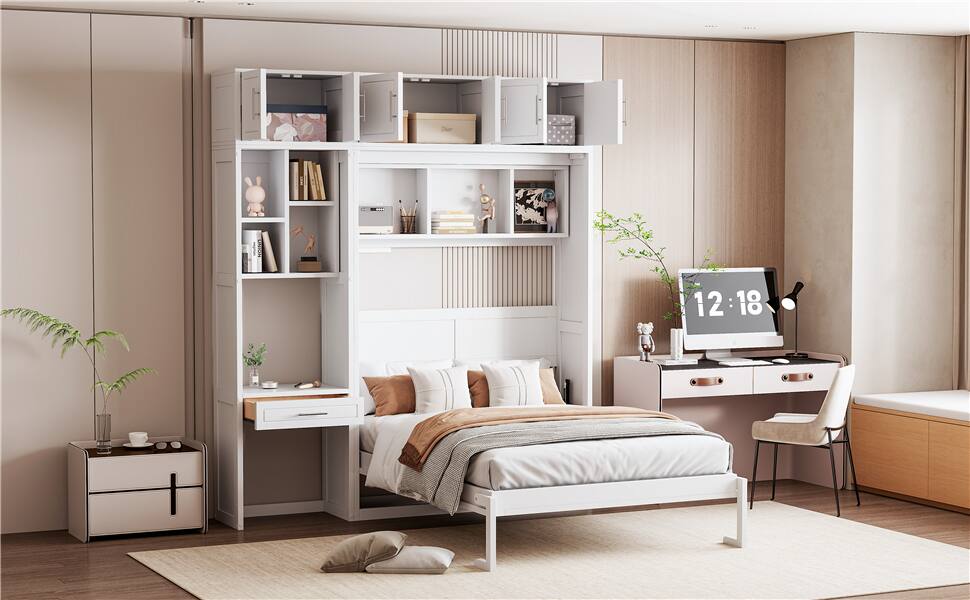 Left. Tiramisubest - Full Size White Wall Murphy Bed with Desk, Cabinet and Shelves, Space Saving, 87x81x95 inches, 330 lbs - White.