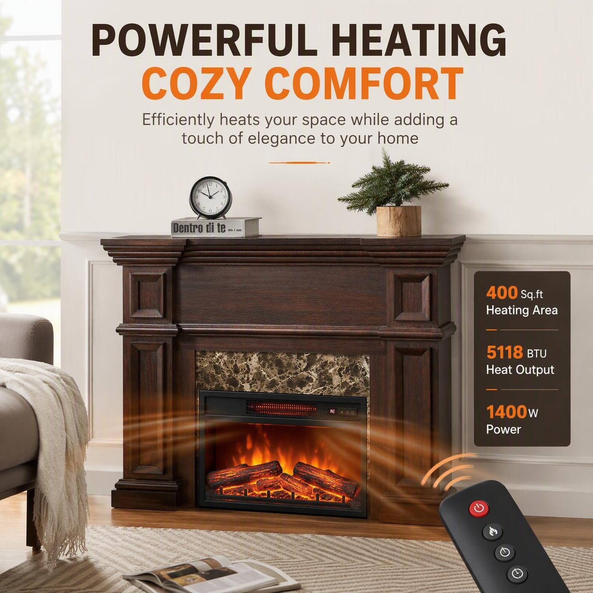 POWERFUL HEATING COZY COMFORT  
Efficiently heats your space while adding a touch of elegance to your home

400 Sq.ft Heating Area  
5118 BTU Heat Output  
1400w Power