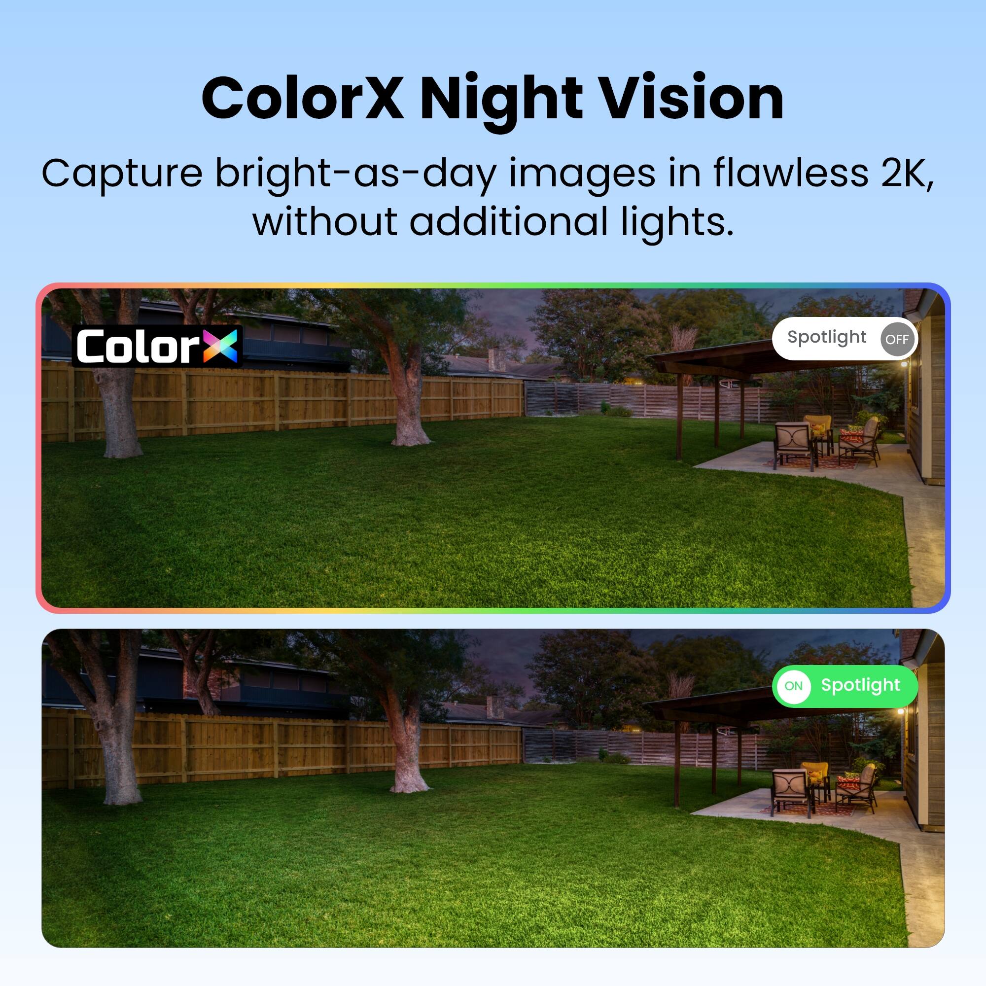 ColorX Night Vision  
Capture bright-as-day images in flawless 2K, without additional lights.  

ColorX  
Spotlight OFF  
Spotlight ON