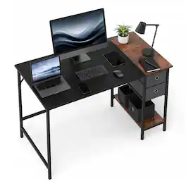 WELLFOR - 48" Industrial Computer Desk with Storage Shelves & 2 Fabric Drawers,Home Office Desk Study Writing Desk - Black