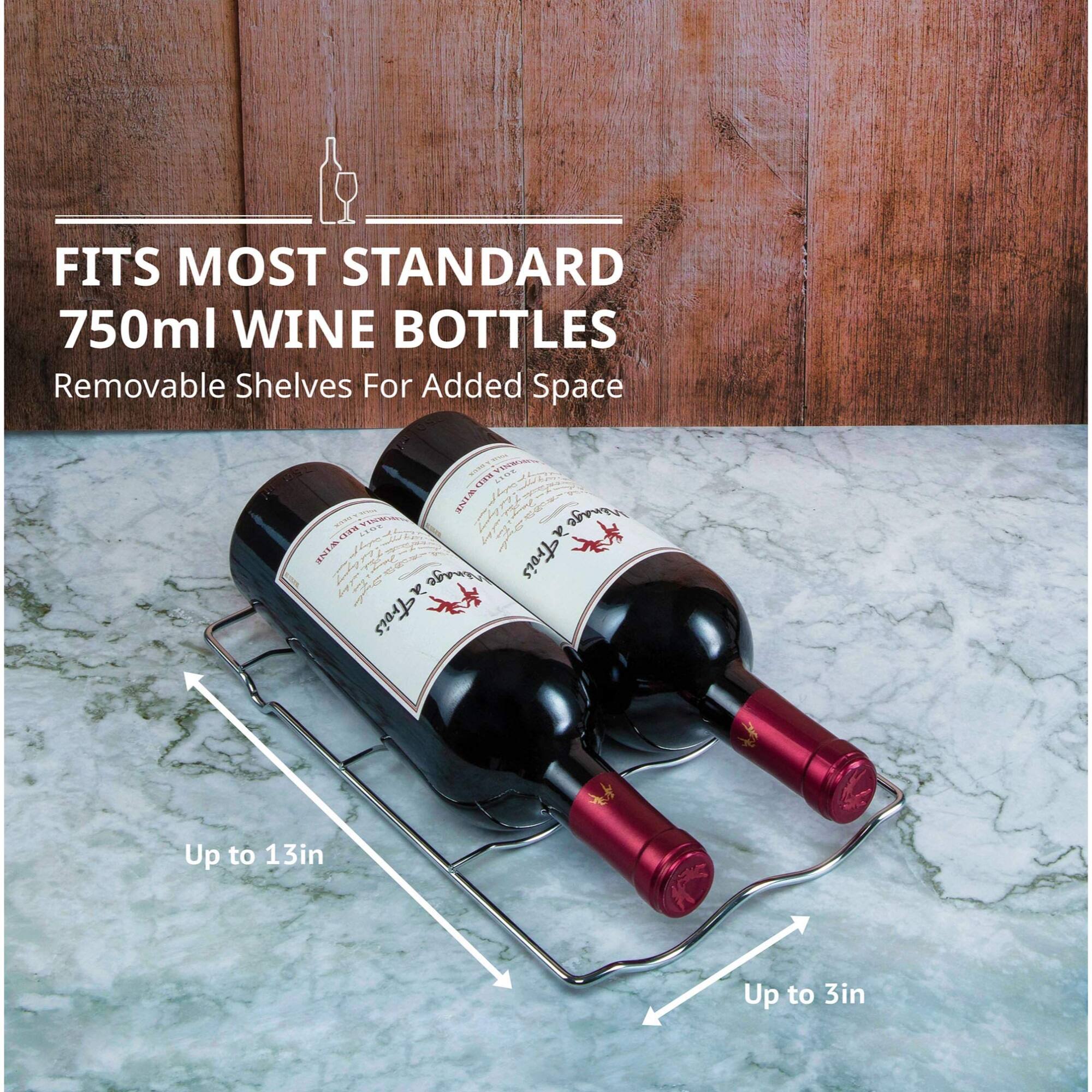 FITS MOST STANDARD 750ml WINE BOTTLES  
Removable Shelves For Added Space  

Up to 13in  
Up to 3in