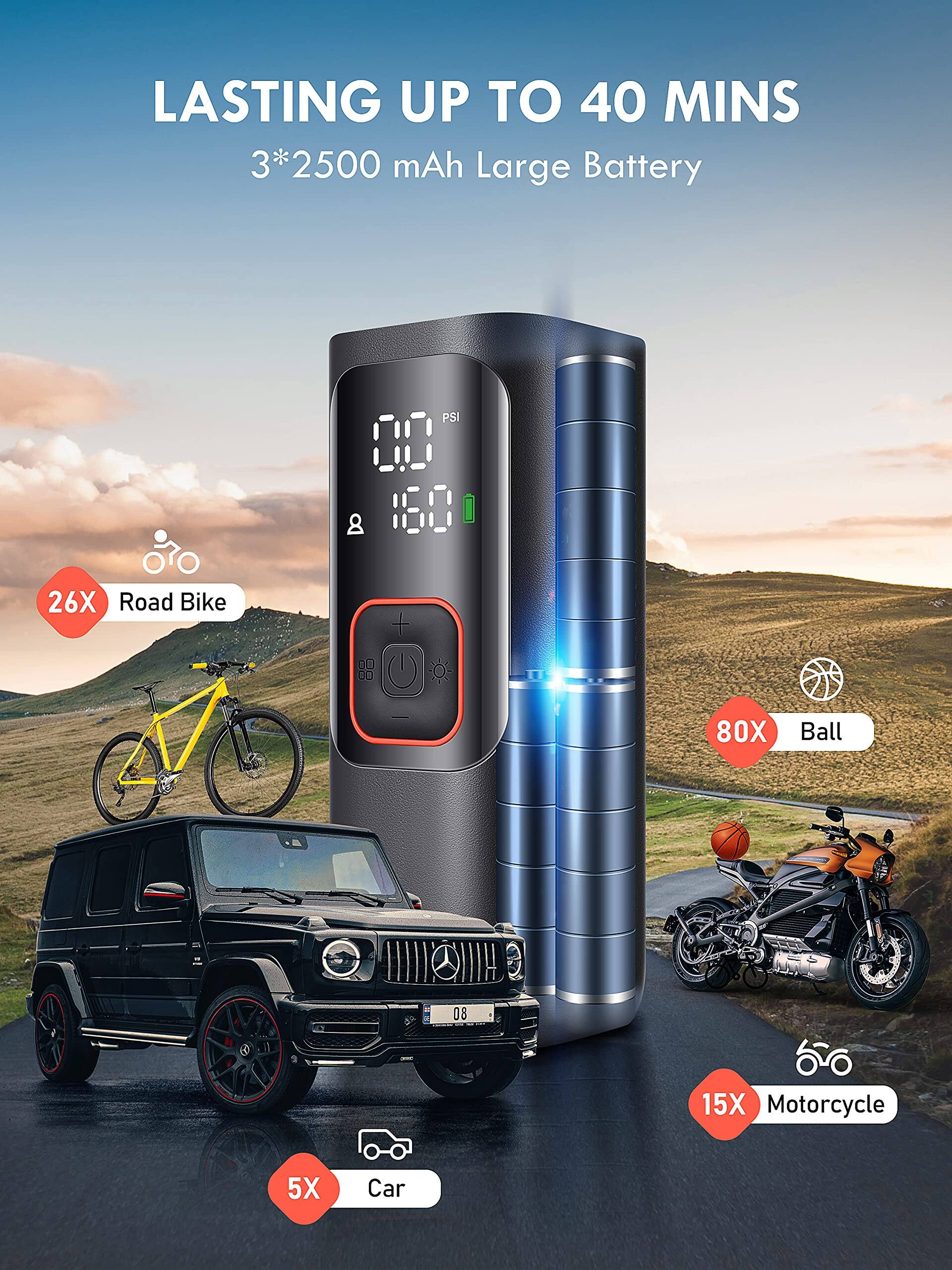 LASTING UP TO 40 MINS  
3*2500 mAh Large Battery  

26X Road Bike  
80X Ball  
15X Motorcycle  
5X Car