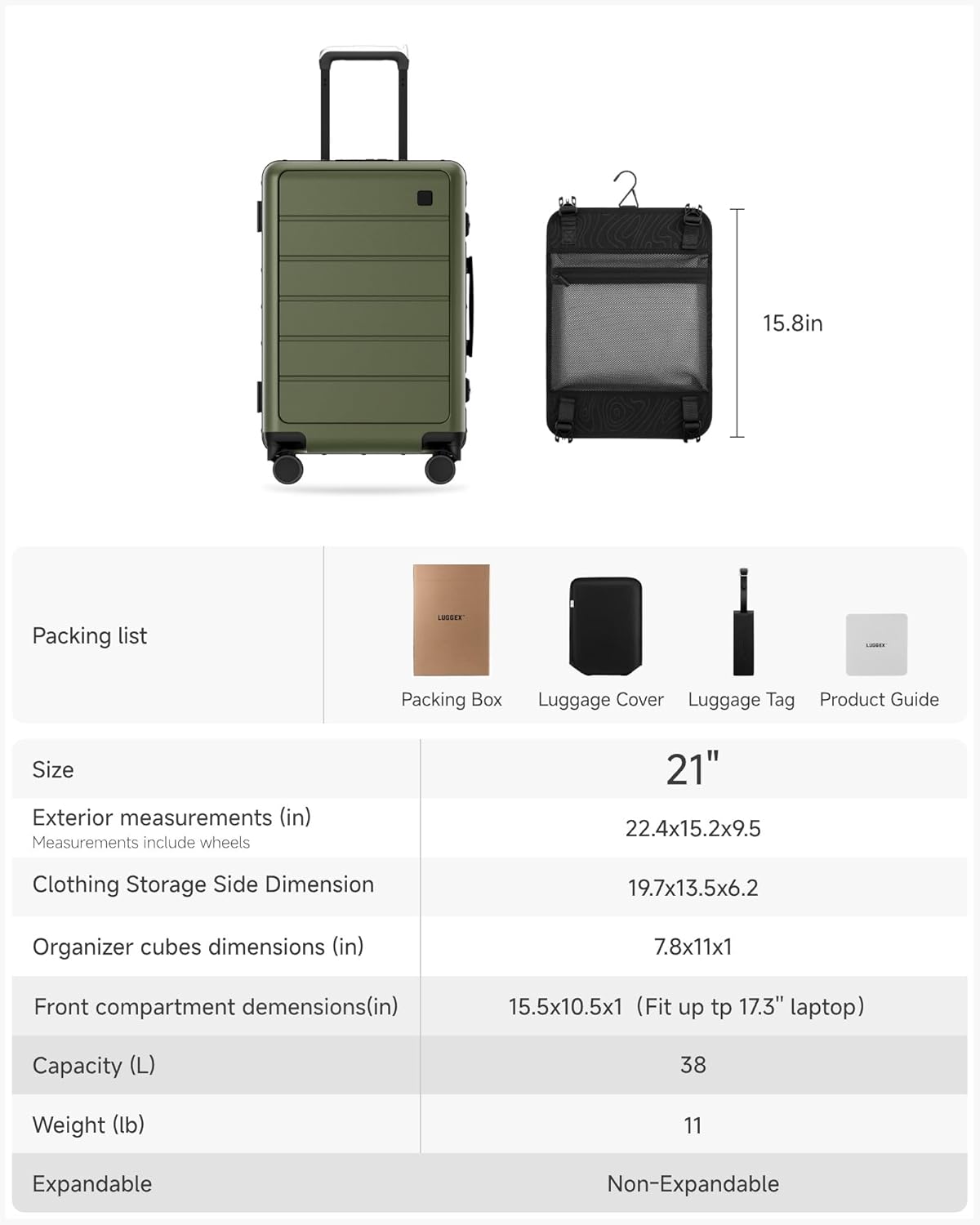 LUGGEX 21 Inch Carry On Zipperless Luggage with Front Laptop