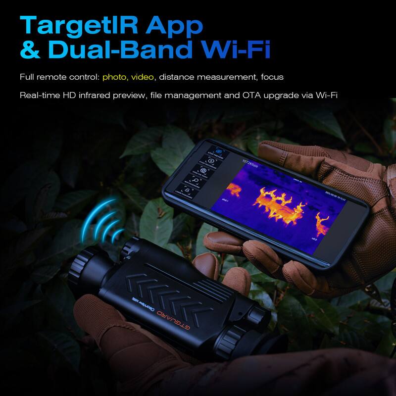 TargetIR App & Dual-Band Wi-Fi

Full remote control: photo, video, distance measurement, focus  
Real-time HD infrared preview, file management and OTA upgrade via Wi-Fi