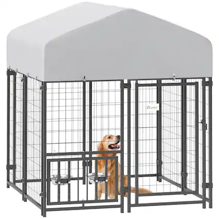 Front. Pawhut - Wire Outdoor Dog Kennel with 360° Rotating & 4 Levels Adjustable Bowls, Waterproof Cover - Silver.