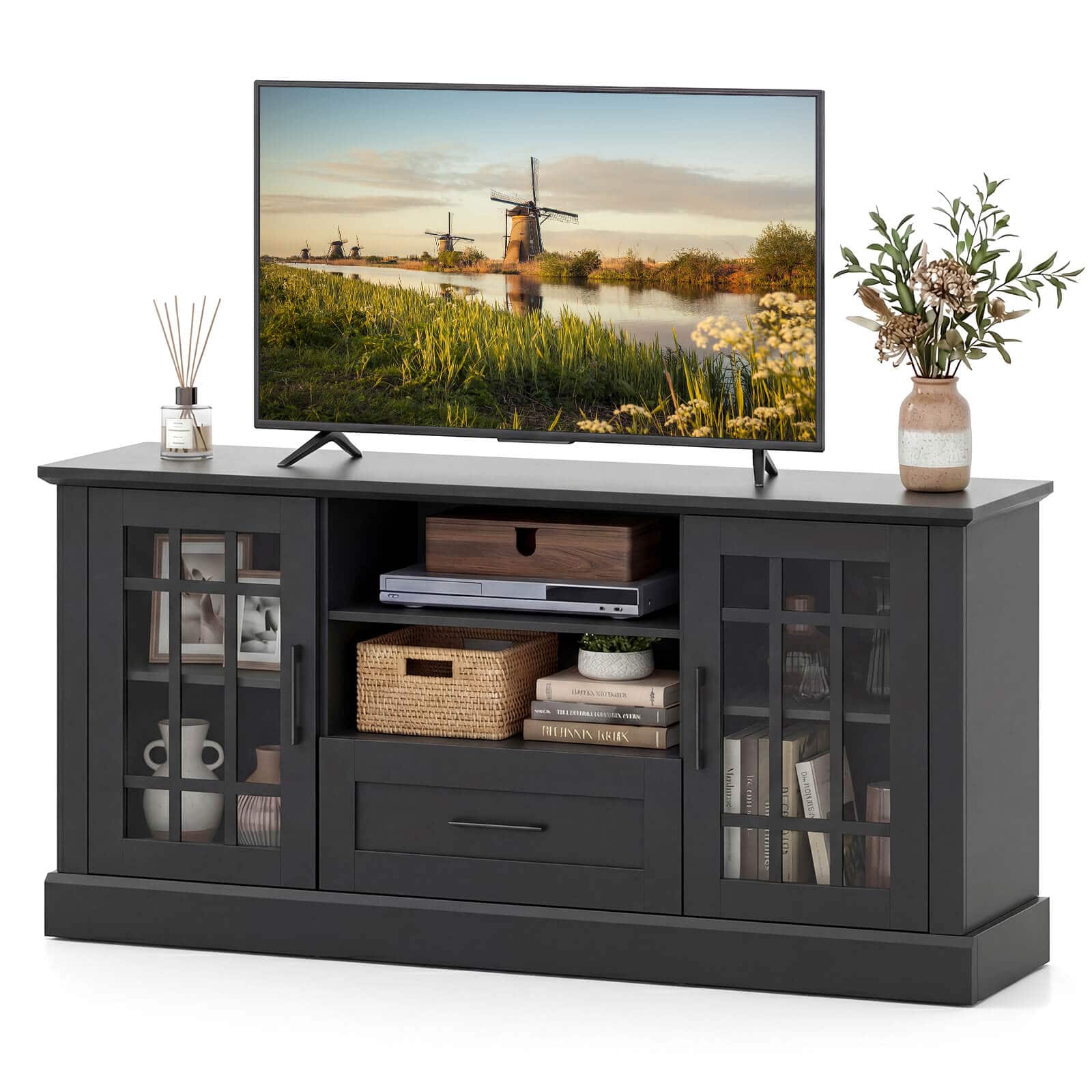 Costway - 63-Inch Modern TV Cabinet TV Console Table w/ 2 Side Cabinets & Drawer Suits 70" Televisions Farmhouse Style - Black