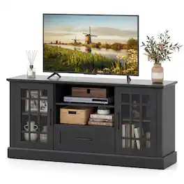 Costway - 63-Inch Modern TV Cabinet TV Console Table w/ 2 Side Cabinets & Drawer Suits 70" Televisions Farmhouse Style - Black