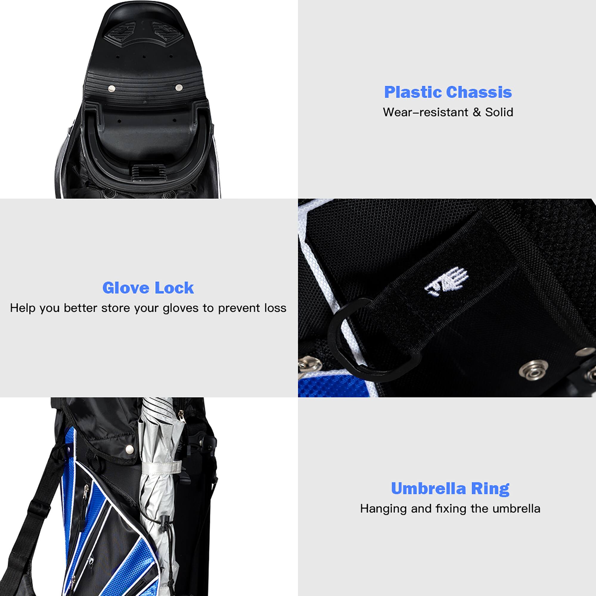 Plastic Chassis  
Wear-resistant & Solid  

Glove Lock  
Help you better store your gloves to prevent loss  

Umbrella Ring  
Hanging and fixing the umbrella