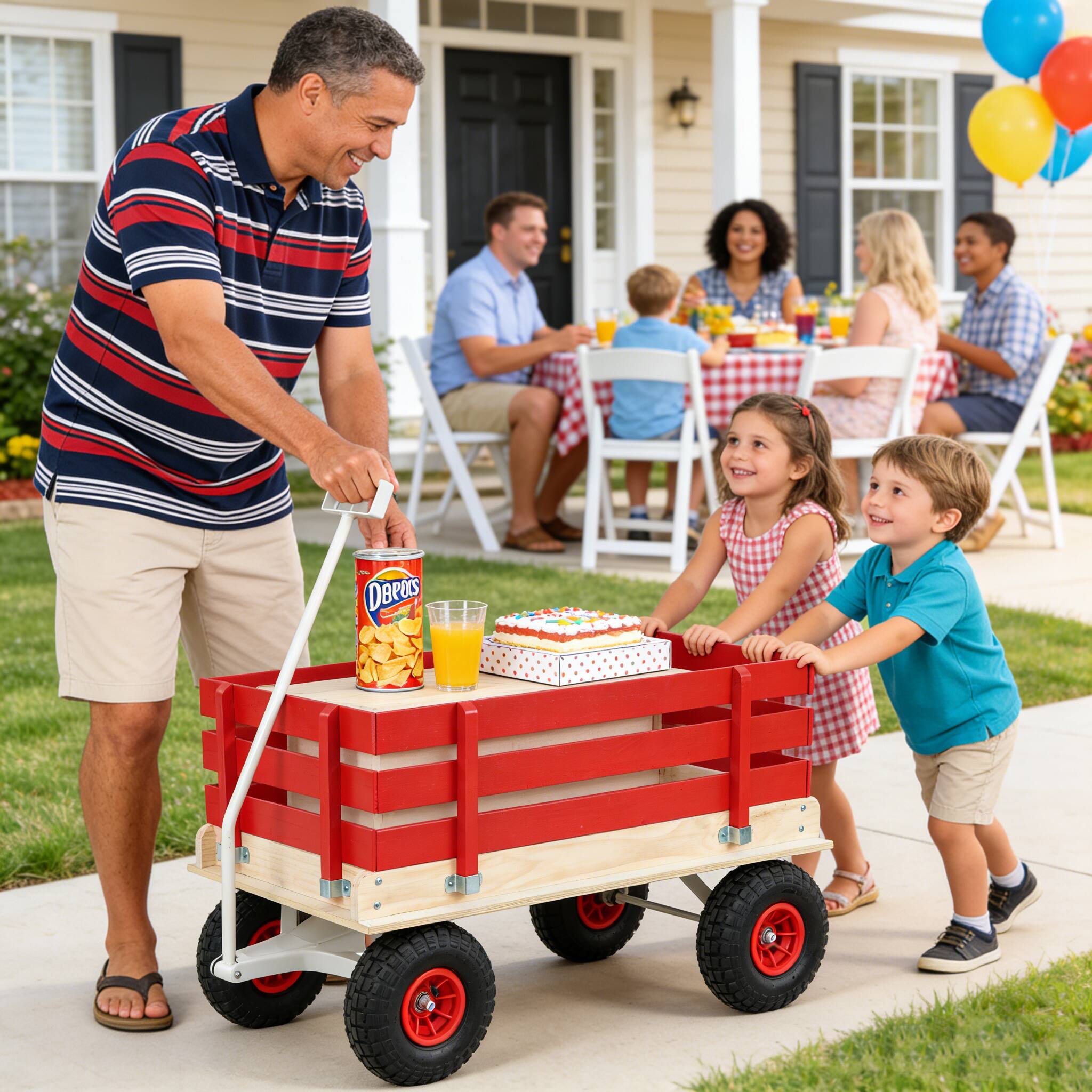 Alt View 4. Whisen - Wooden Utility Wagon with Folding Handle, Heavy Duty Outdoor Wagon & Garden Cart for Kids & Camping - Red.