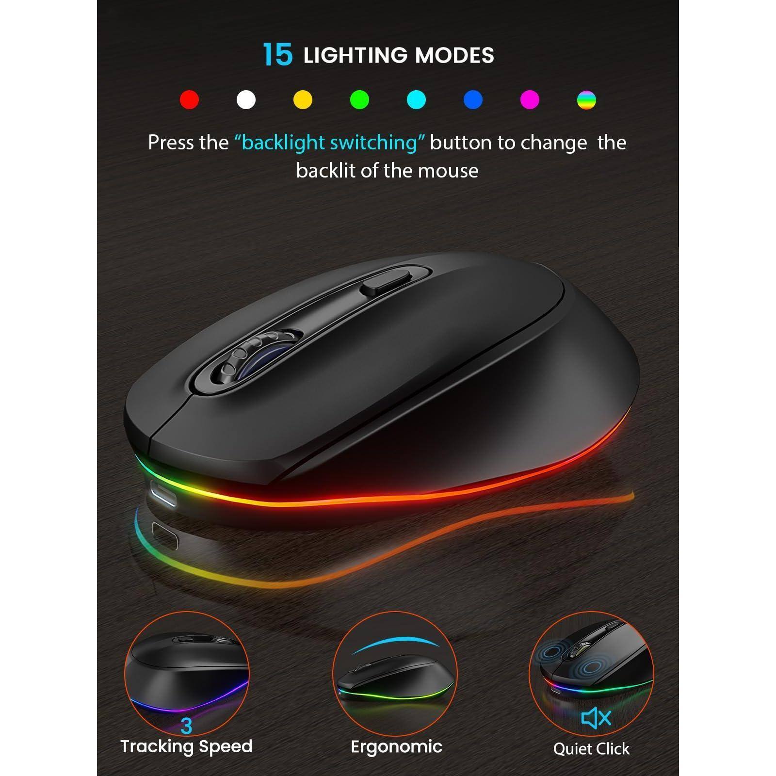 15 LIGHTING MODES

Press the "backlight switching" button to change the backlit of the mouse

3 Tracking Speed

Ergonomic

Quiet Click