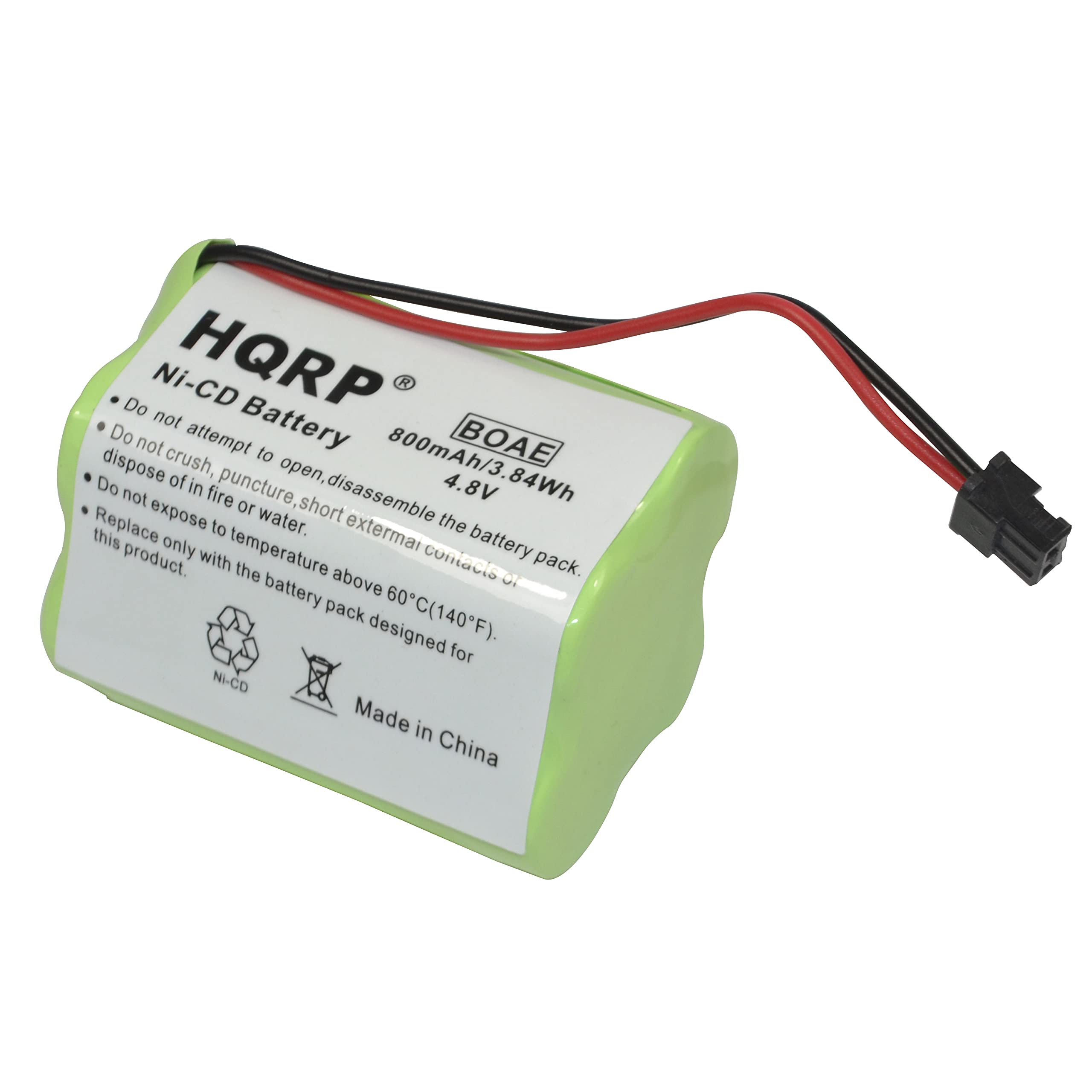 Do not attempt to open, disassemble, crush, puncture, or expose to fire or short circuit the battery pack. Do not dispose of in water. Replace with the same product. Ni-CD Battery 800mAh/3.84Wh 4.8V. Temperature above 60°C (140°F). Made in China.