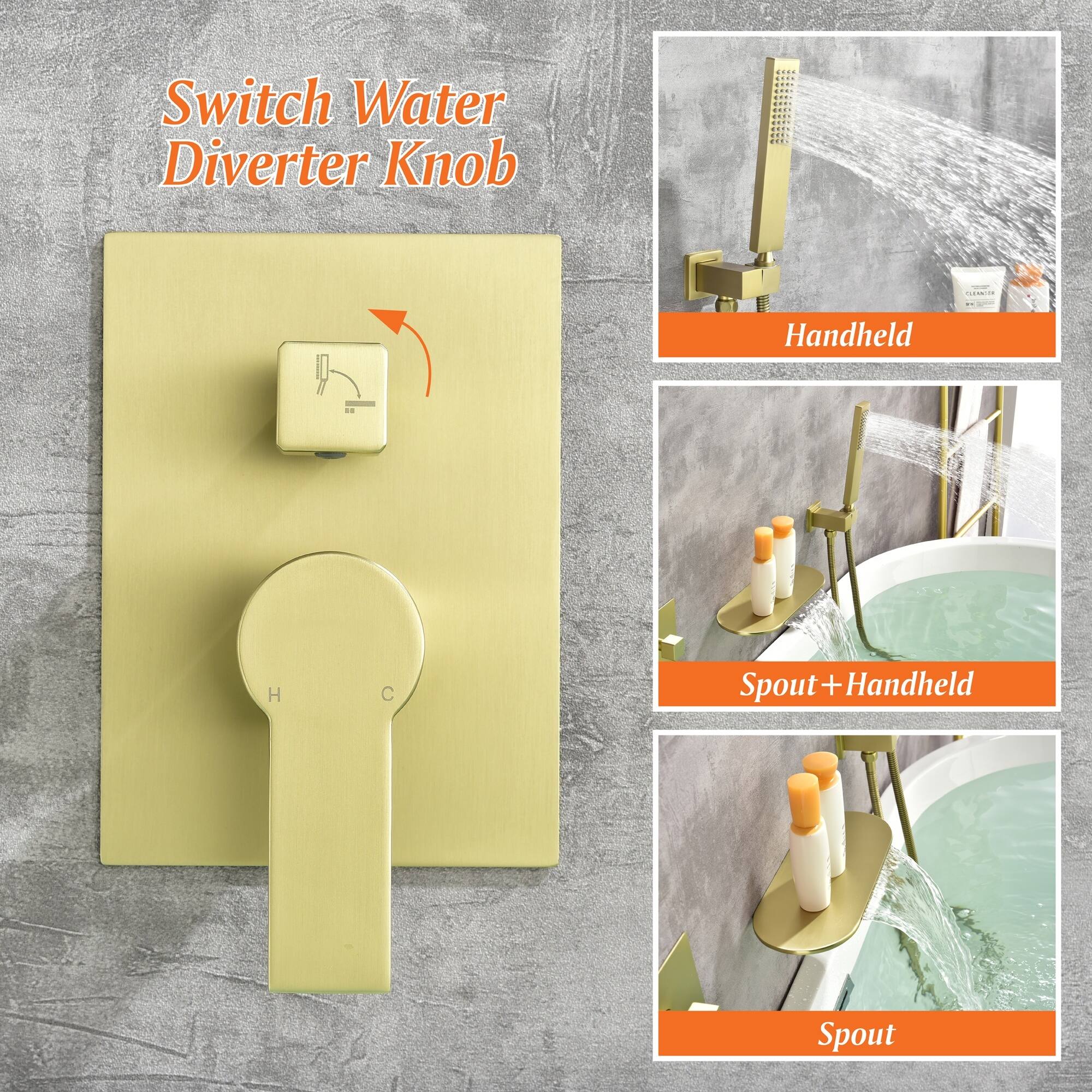 Switch Water Diverter Knob:  
- Handheld  
- Spout + Handheld  
- Spout
