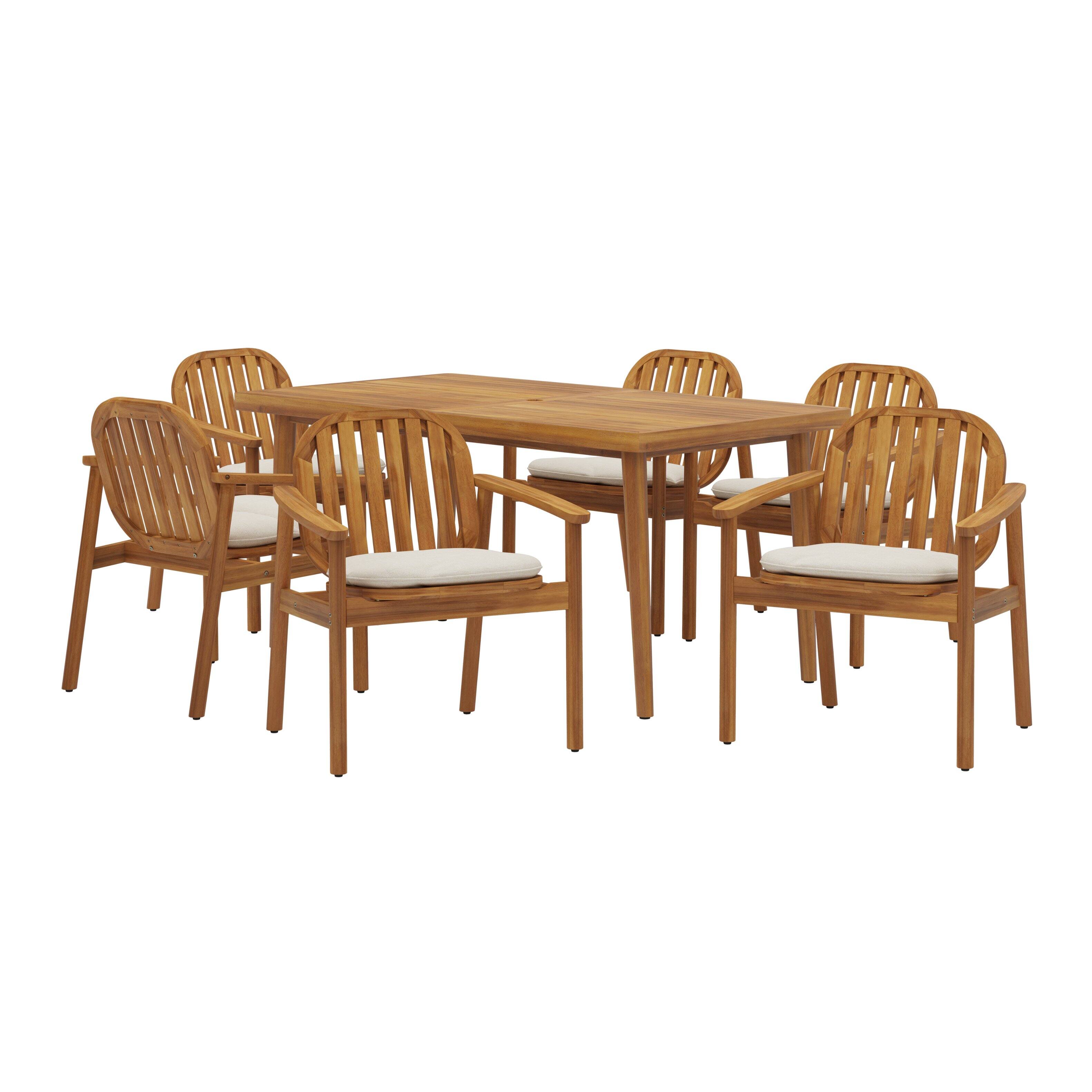 Angle. Mondawe - 7 Pieces Outdoor Patio Dining Set,6 Acacia Wood Dining Chair and 1 Acacia Wood Dining Table - Teak+ Beige.