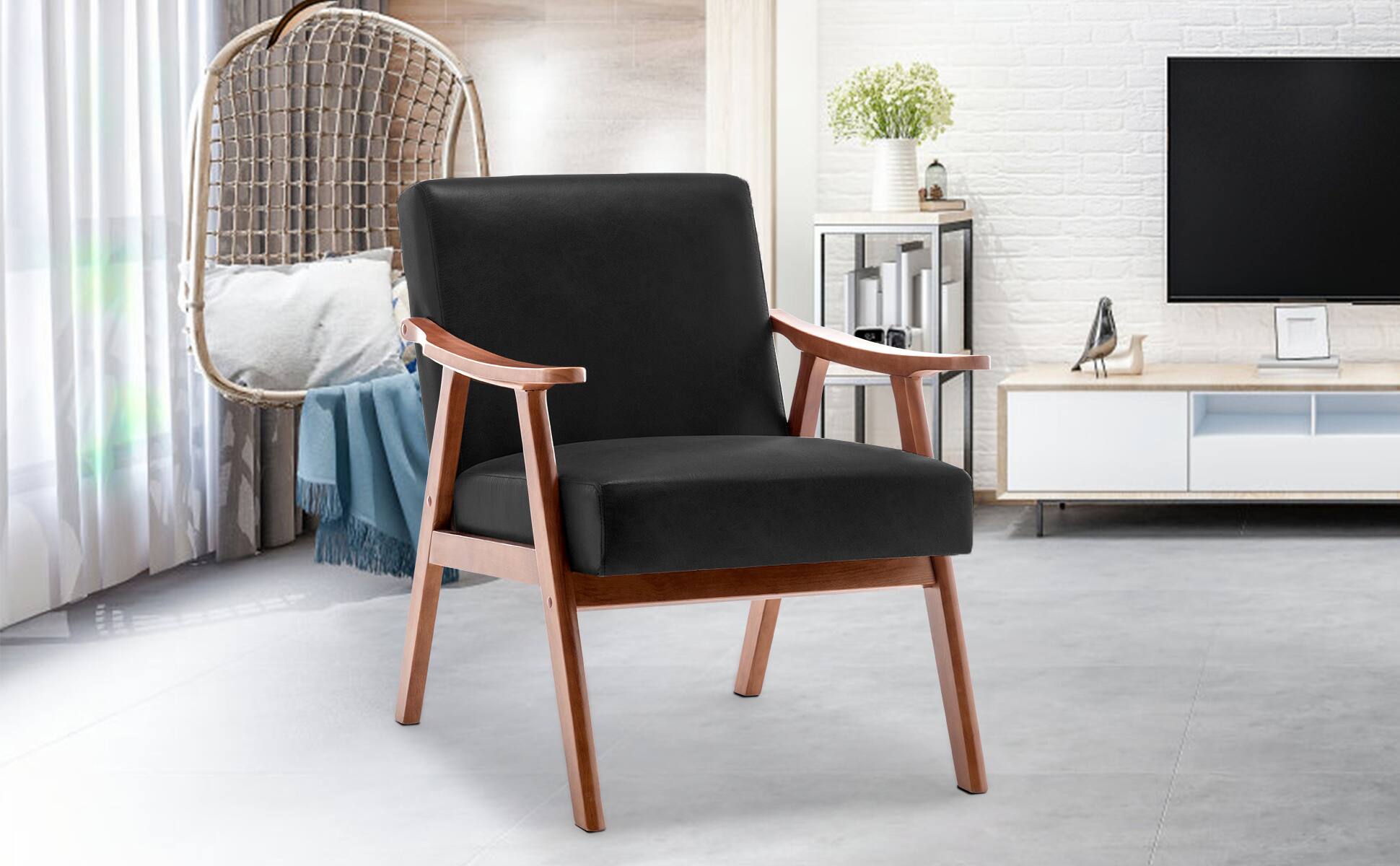 Back. Trinkets Crazed - Accent Chair Mid Century Modern Armchair with Wood Legs Upholstered Lounge Chairs Comfy Cushion for Living Room Bedroom - Black PU.