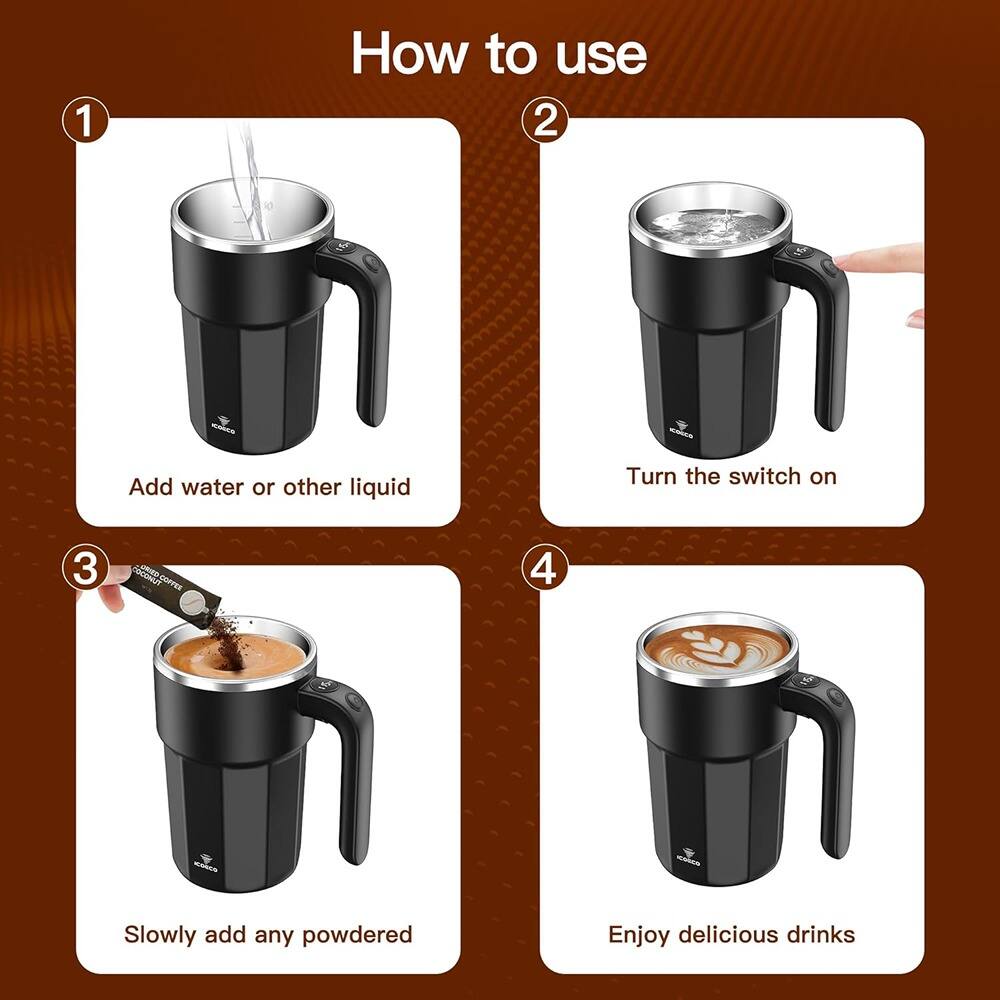 1. Add water or other liquid
2. Turn the switch on
3. Slowly add any powdered
4. Enjoy delicious drinks