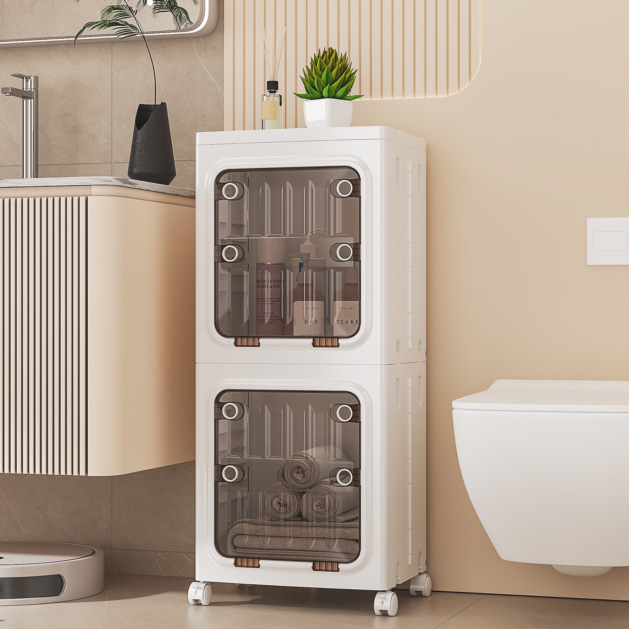 Vecelo - 4-Tier Foldable Plastic Storage Cabinet with Transparent Doors and Wheels,Waterproof,Easy Snap-Together Assembly, White - 2-Tier