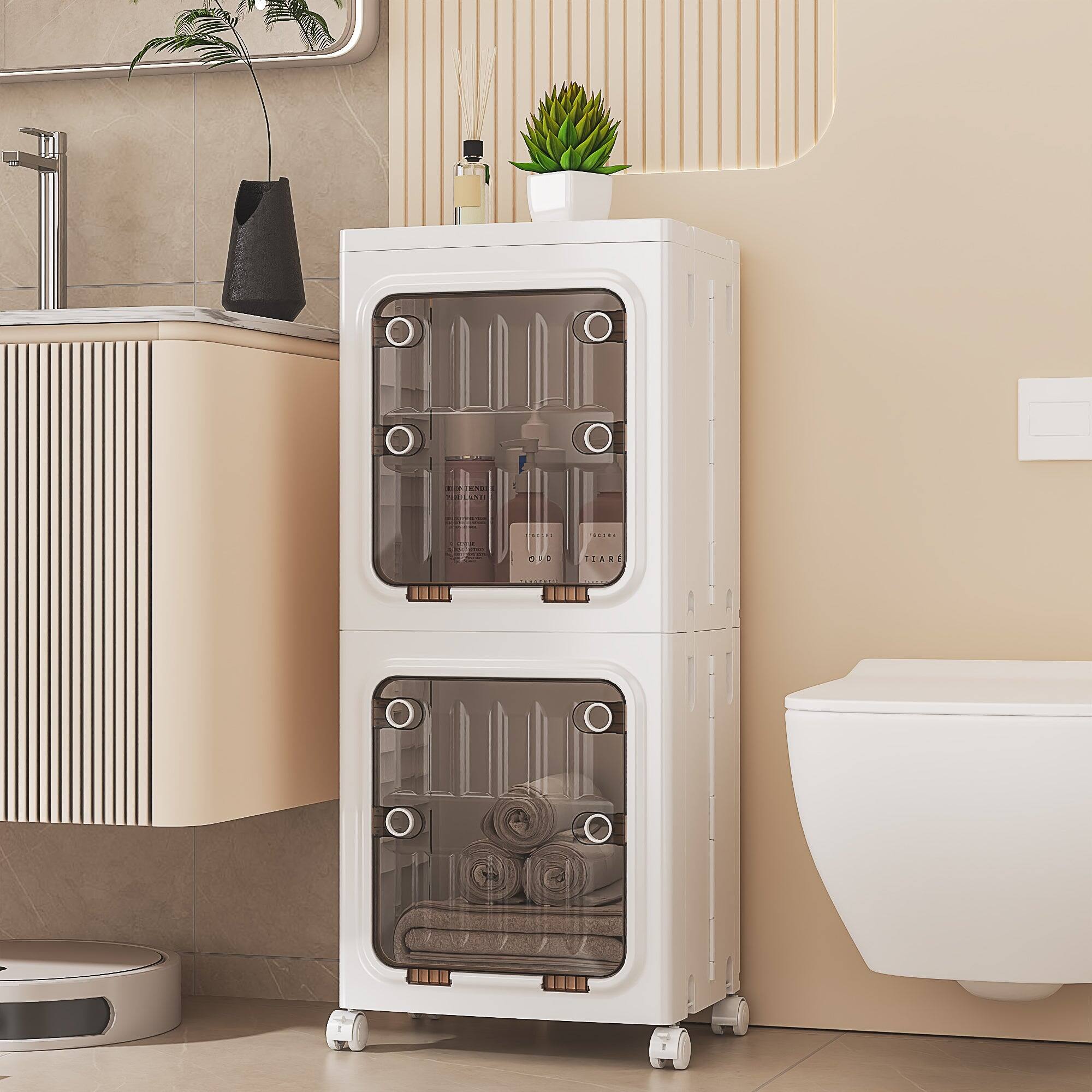 Vecelo - 4-Tier Foldable Plastic Storage Cabinet with Transparent Doors and Wheels,Waterproof,Easy Snap-Together Assembly, White - 2-Tier