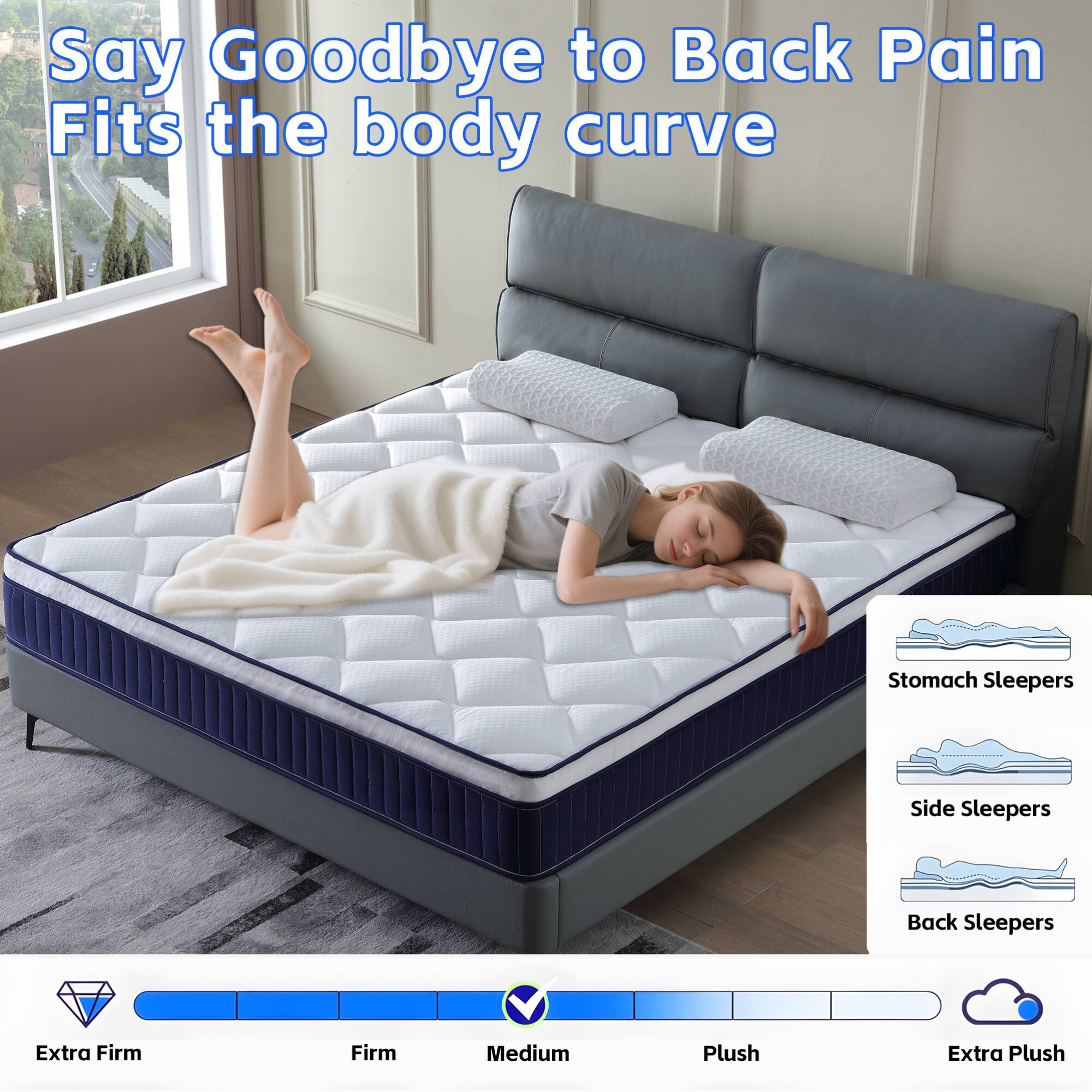Say Goodbye to Back Pain  
Fits the body curve  

Stomach Sleepers  
Side Sleepers  
Back Sleepers  

Extra Firm  
Firm  
Medium  
Plush  
Extra Plush