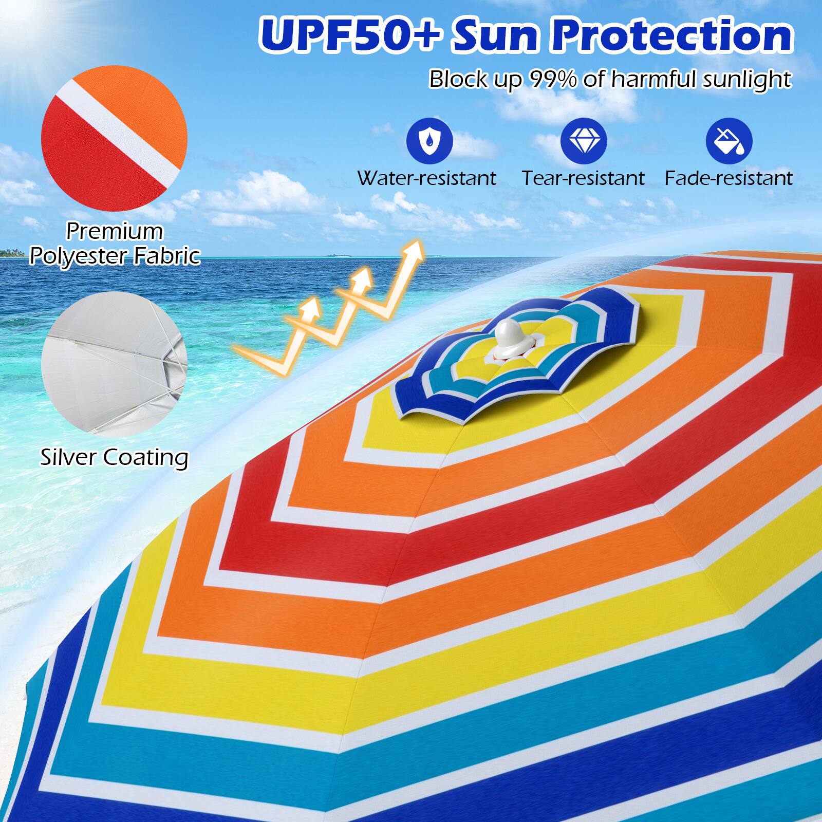 UPF50+ Sun Protection, Block up 99% of harmful sunlight, Water-resistant, Tear-resistant, Fade-resistant, Premium Polyester Fabric, Silver Coating