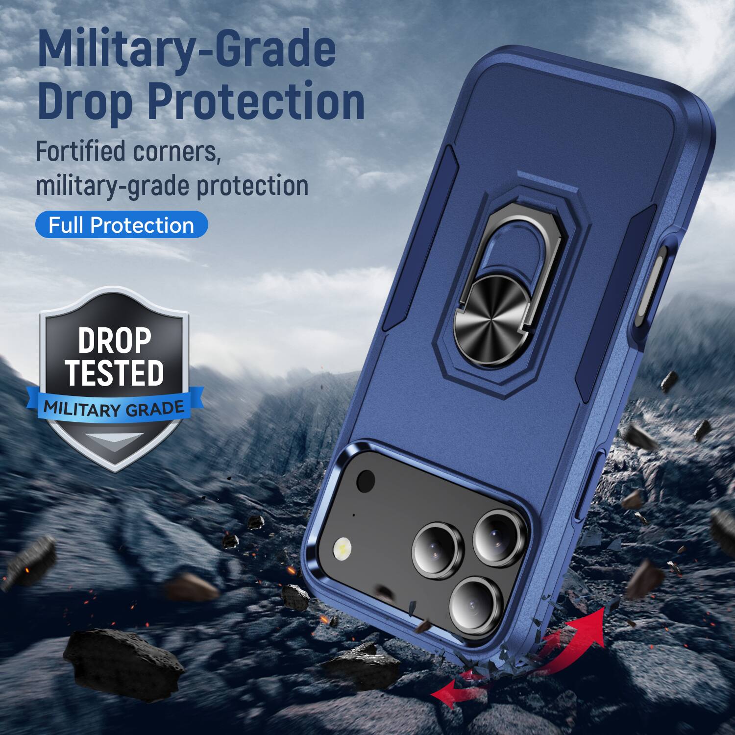 Military-Grade Drop Protection  
Fortified corners, military-grade protection  
Full Protection  

DROP TESTED  
MILITARY GRADE