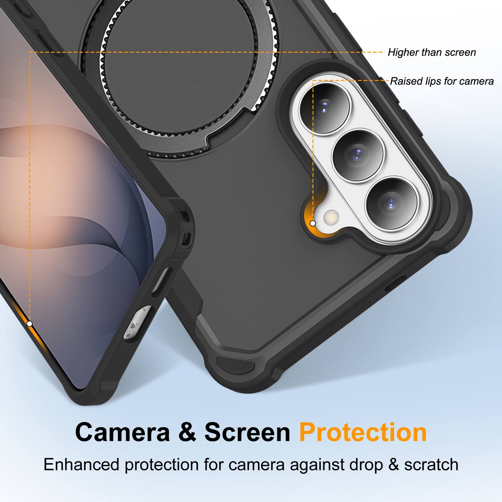 Higher than screen  
Raised lips for camera  
Camera & Screen Protection  
Enhanced protection for camera against drop & scratch
