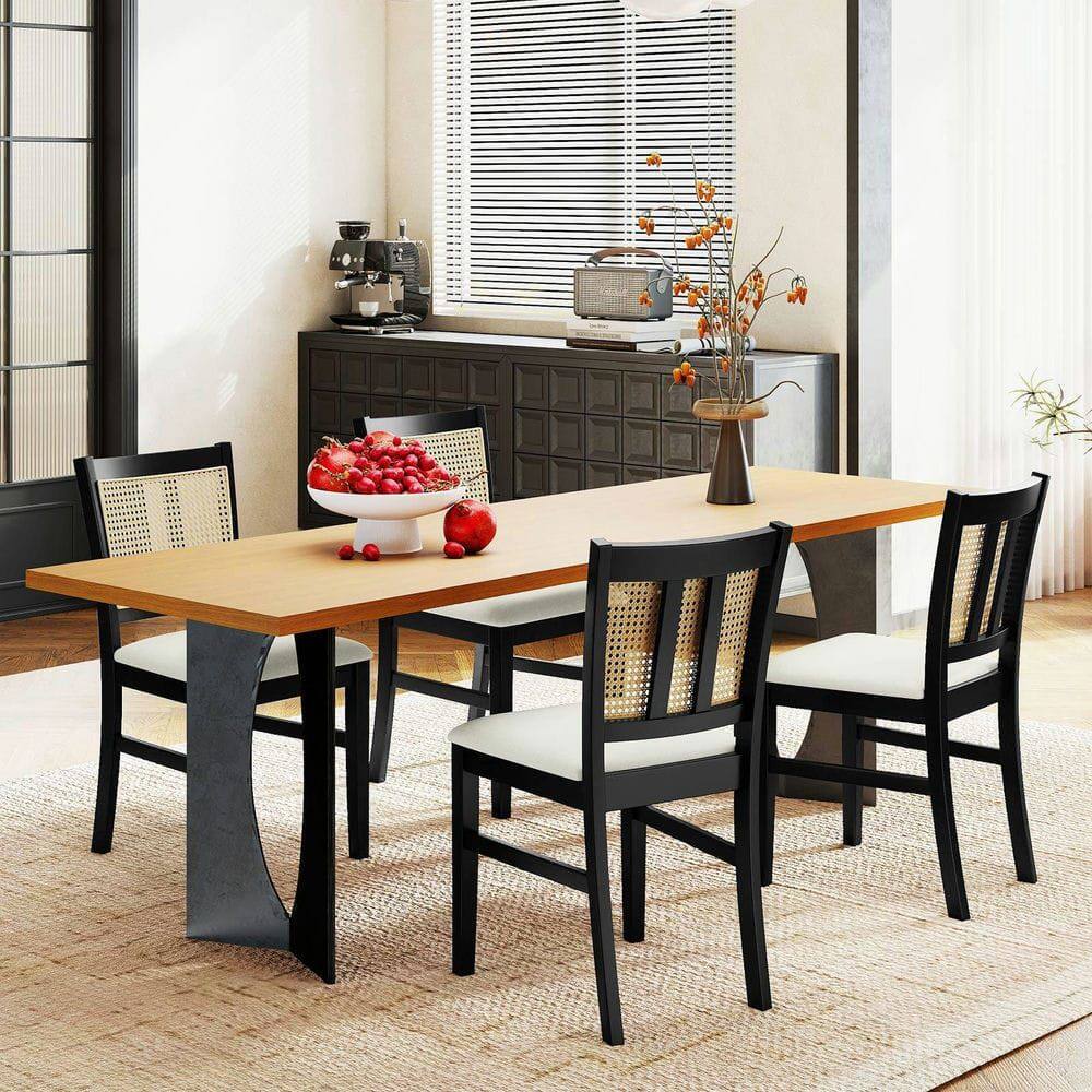 Angle. Kadyn - Set of 2 Farmhouse Rattan Dining Chairs with Cane Back and Rubberwood Legs, Beige, Black and Natural - Beige.