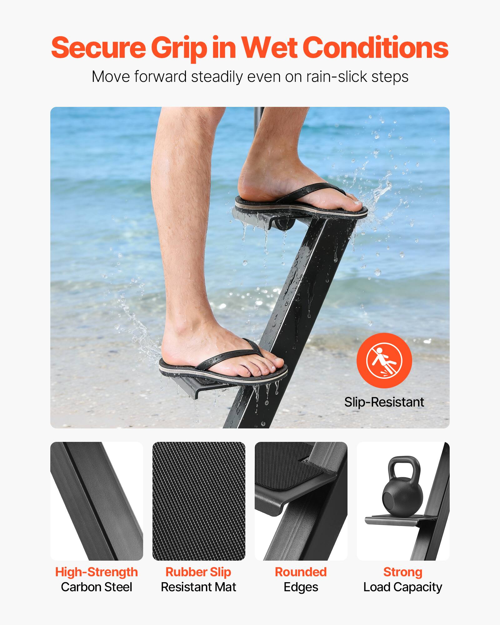 Secure Grip in Wet Conditions  
Move forward steadily even on rain-slick steps  

- Slip-Resistant  
- High-Strength Carbon Steel  
- Rubber Slip Resistant Mat  
- Rounded Edges  
- Strong Load Capacity