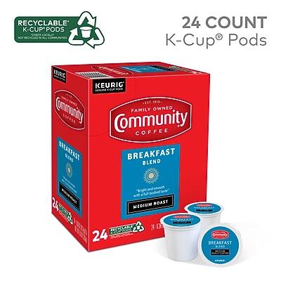 RECYCLABLE K-CUP® PODS  
NOT RECYCLED IN ALL COMMUNITIES  

24 COUNT  
K-Cup® Pods  

KEURIG®  
COMMUNITY FAMILY OWNED  
COFFEE  

BREAKFAST BLEND  
"A light and smooth blend"  
MEDIUM ROAST  

24 K-CUP® PODS
