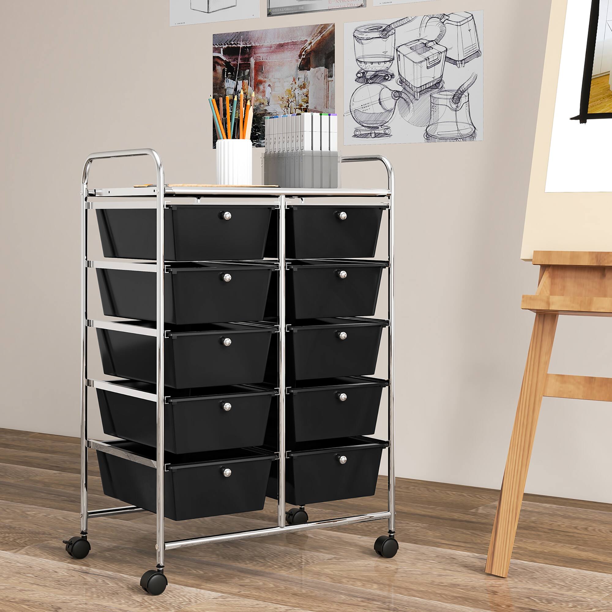 Alt View 1. Gymax - Gymax 10-Drawer Rolling Storage Cart Tools Scrapbook Paper Organizer on Wheels Black - Black.