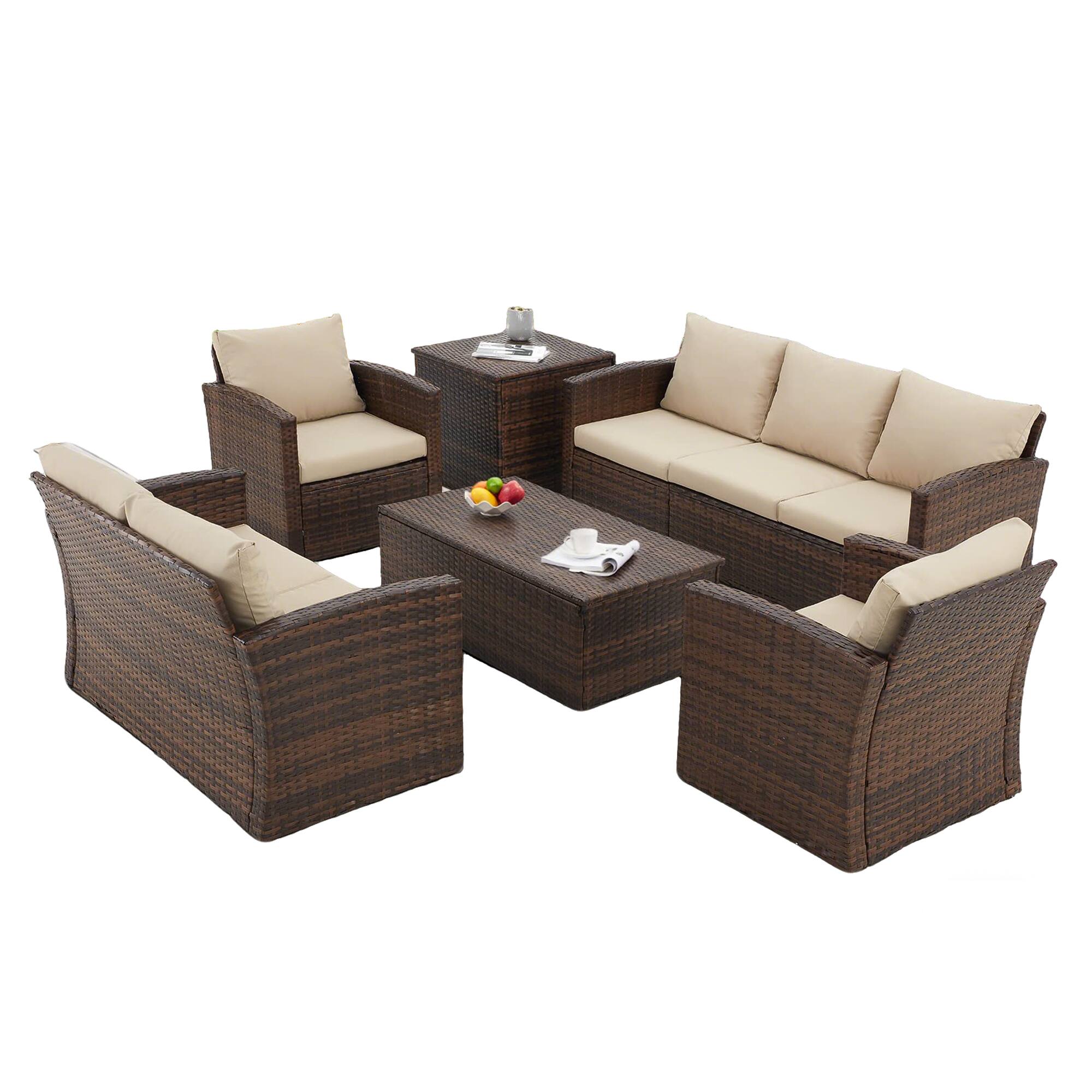 Left. Mondawe - 7-Piece Rattan Storage Seating Set with Coffee Table and Side Table - Brown+Beige.
