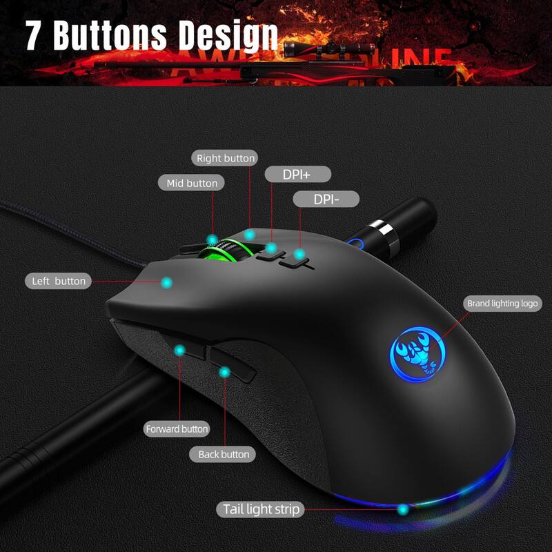 7 Buttons Design INC  
- Right button  
- Mid button  
- DPI+  
- DPI-  
- Left button  
- Forward button  
- Back button  
- Tail light strip  
- Brand lighting logo