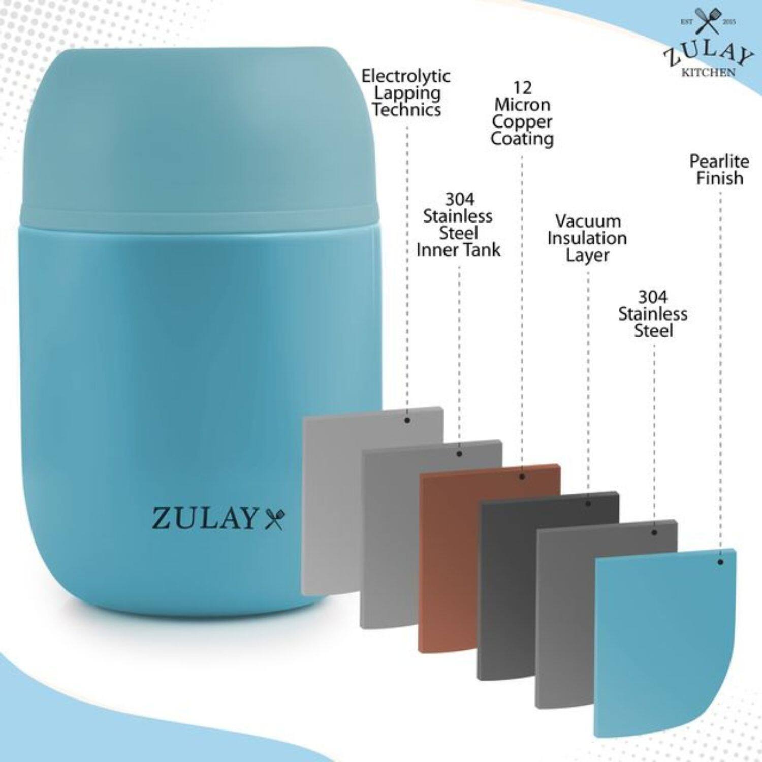 ZULAY, Electrolytic Lapping Technics, 12 Micron Copper Coating, Pearlite Finish, 304 Stainless Steel, Vacuum Insulation Layer, 304 Stainless Inner Tank, ZULAY x