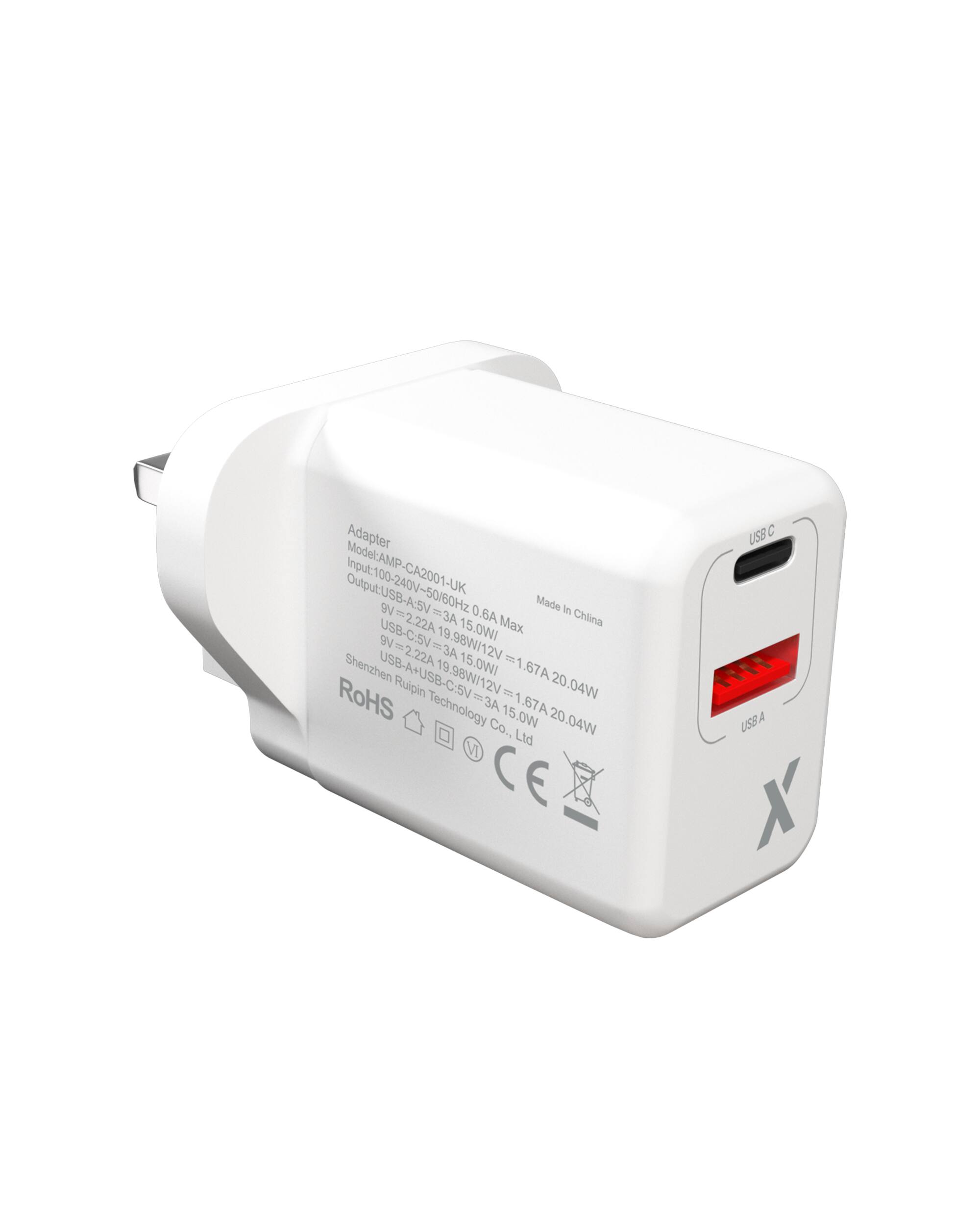 Adapter Model: AMP-CA2001-UK  
Input: 100-240V~50/60Hz 0.6A Max  
Output: USB-A: 5V = 1.67A 20.04W  
USB-C: 5V = 1.67A 20.04W  
USB-A+USB-C: 5V = 1.67A 20.04W  
Made in China  
Shenzhen Ruipin Technology Co., Ltd  
RoHS  
CE