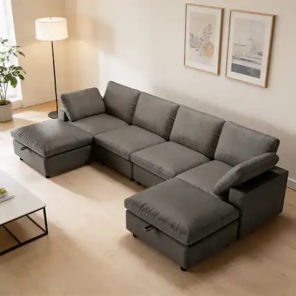 Front. Dyonery - 130" Faux Leather Couch with Movable Ottoman, 3 Seater L Shaped Mid Century Modern Modular Sectional Couch - Gray.
