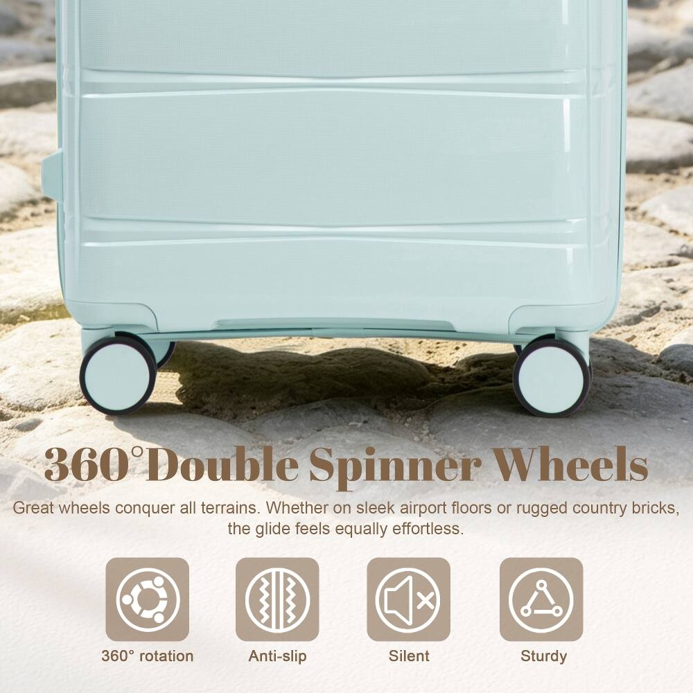 360° Double Spinner Wheels  
Great wheels conquer all terrains. Whether on sleek airport floors or rugged country bricks, the glide feels equally effortless.  
360° rotation  
Anti-slip  
Silent  
Sturdy