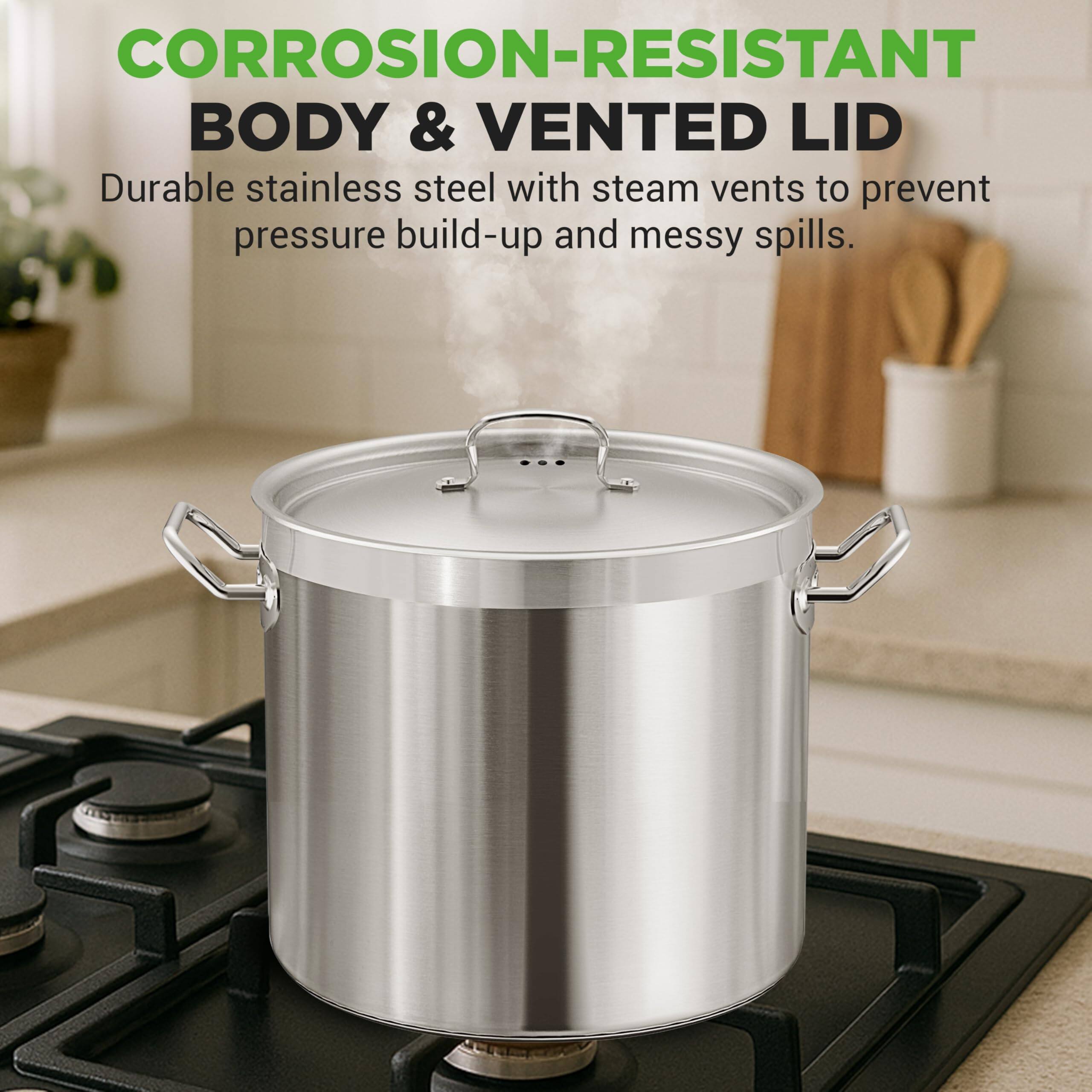 CORROSION-RESISTANT BODY & VENTED LID  
Durable stainless steel with steam vents to prevent pressure build-up and messy spills.