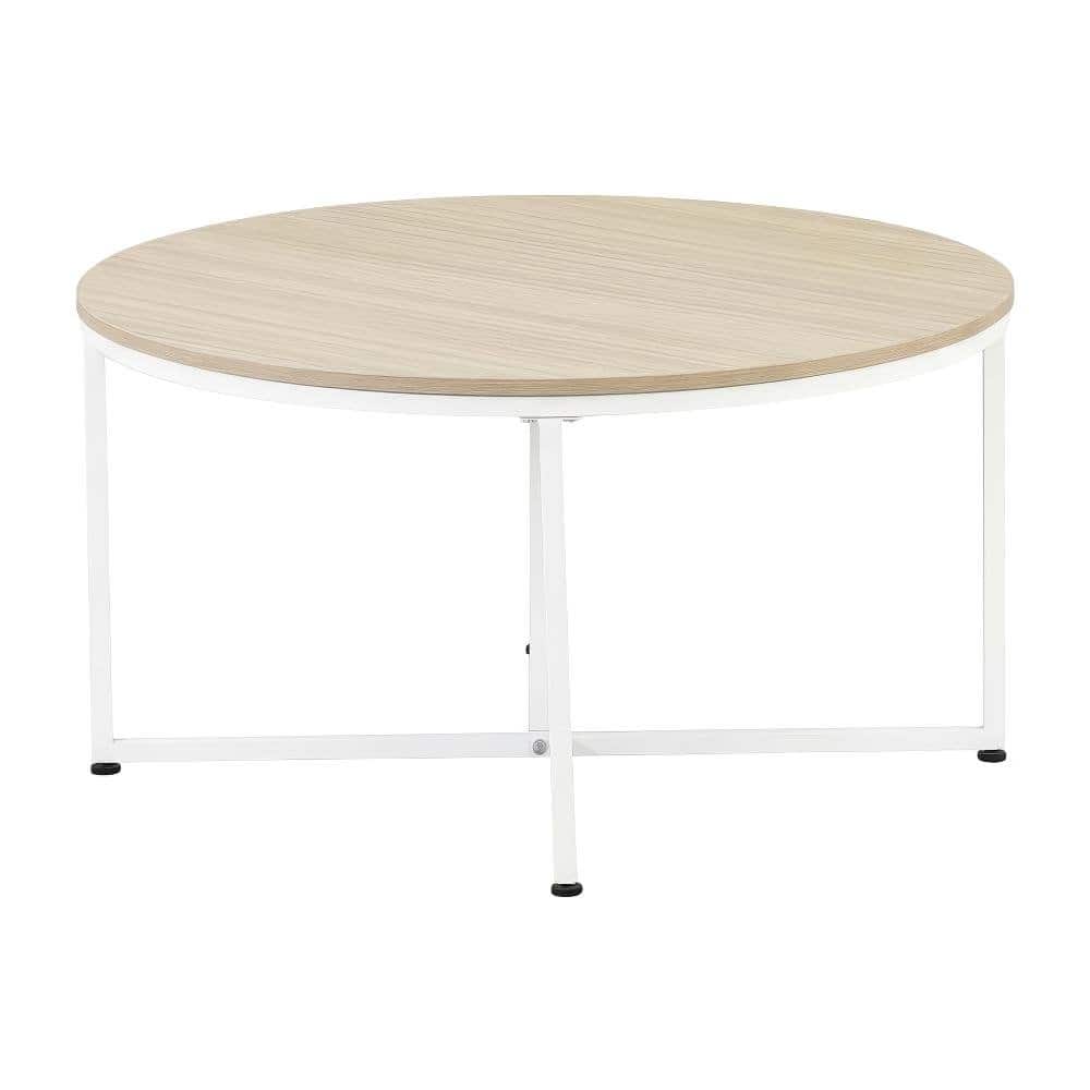 FurniFact - Round Coffee Table Solid Wood Construction with Powder Coating - White