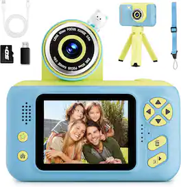 PRIMEPLUS - Kids Digital Camera with 180 Flip Lens and 2.4in Screen for Ages 3-12 with Tripod and SD Card - Blue